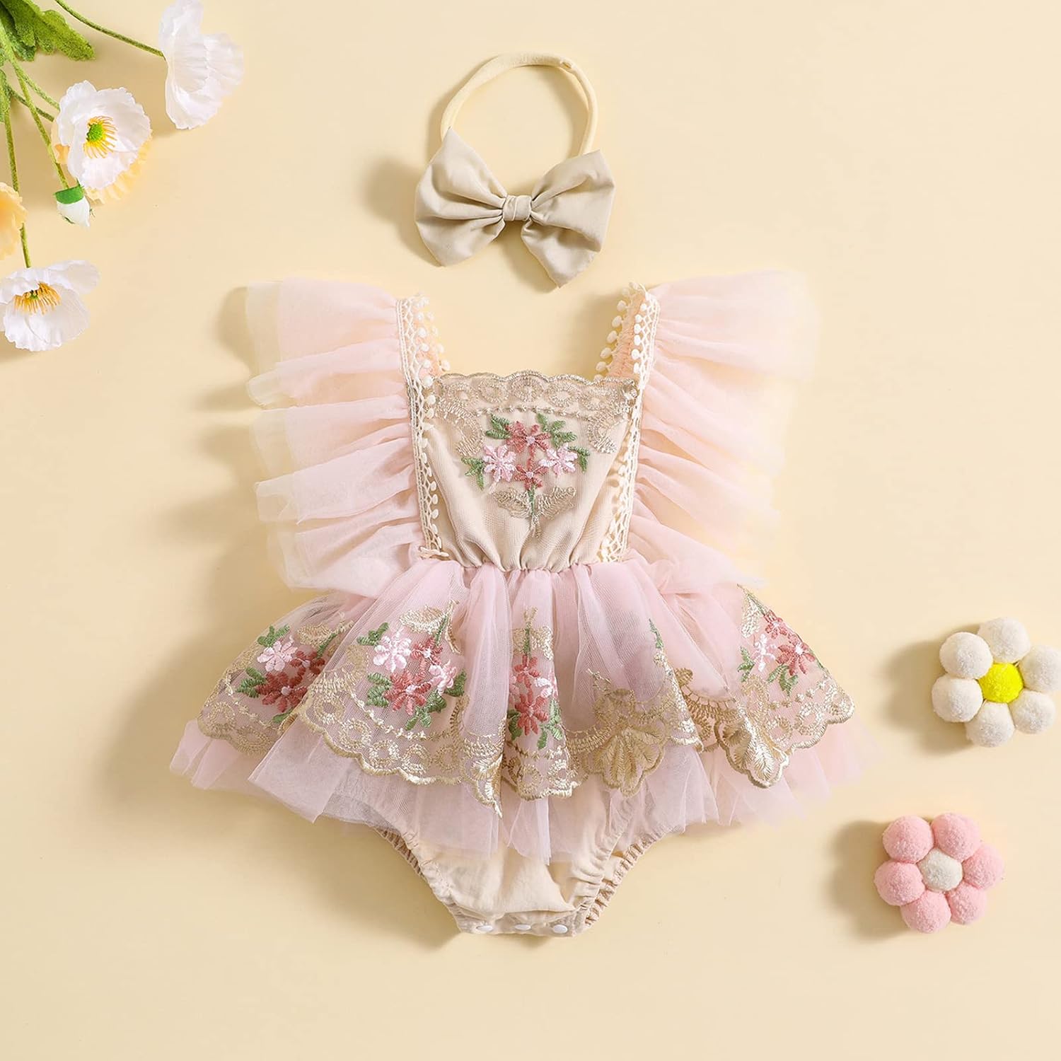 Baby Girl Romper Dress Lace Tulle Tutu Bodysuit Jumpsuit Flowers Embroidery Skirt Infant Girl Spring Summer Clothes