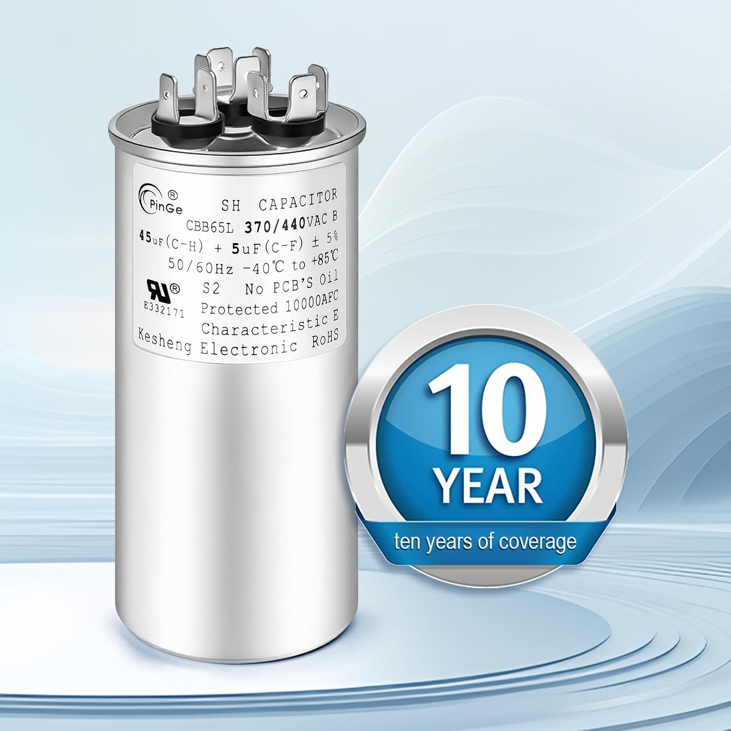 45+5 uF 45/5 MFD ±5% 370V/440VAC CBB65 Dual Run Start Round UL Listed AC Capacitor for Fan Motor Start or Heat Pump or Condenser Straight Cool (45+5uF)