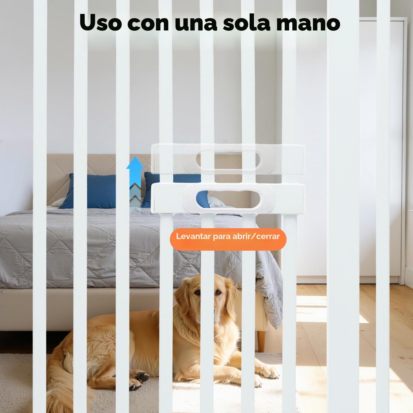 Rejilla para mascotas extra alta 150 cm con doble cierre, puerta para gatos y distancia entre barras de acero al carbono de 3,5 cm, sin taladrar, ancho ajustable para escaleras/puertas, cierre