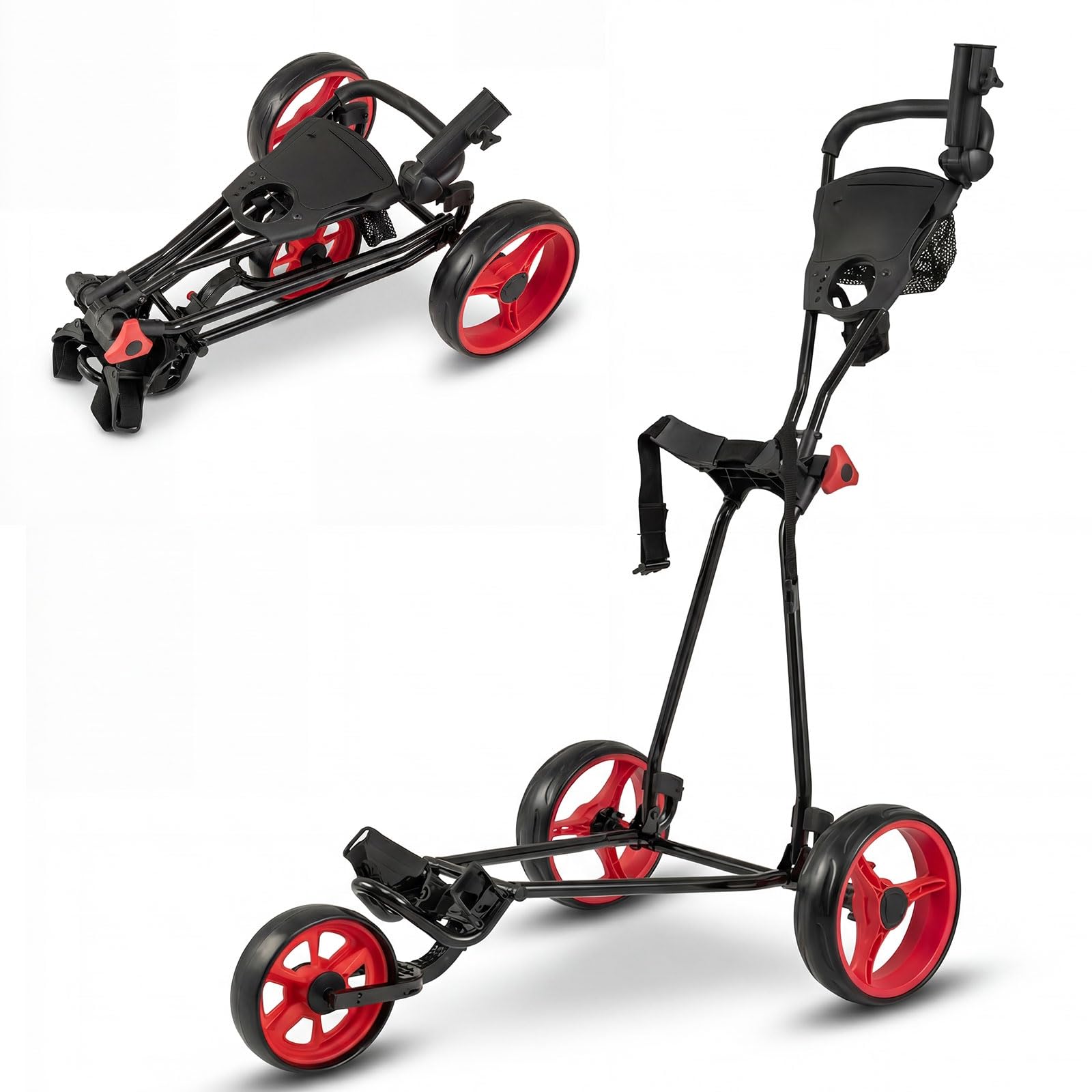 COSTWAY Folding Golf Push Pull Cart, Lightweight 3 Wheels Golfs Trolley with Foot Brake, Umbrella & Cup Holder, Adjustable Handle and Storage Bag (Red) — image 1