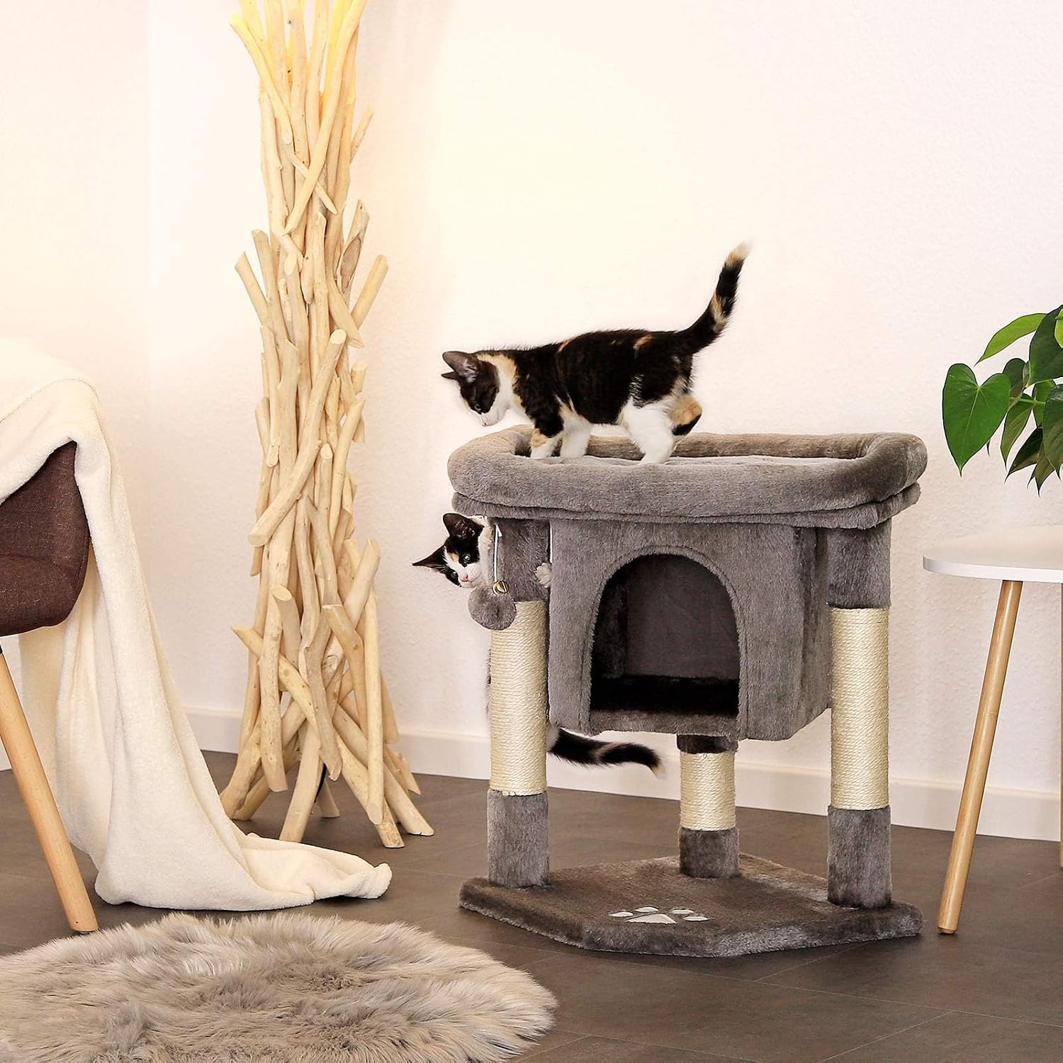 review Scratching Tree for Cats with cave & 2 Plush Balls incl. Bells, Height 23,6 in, cat Tree with Robust sisal Rope & Soft Plush, Cozy Lying Surface, for Small & Large Cats, Dark Gray