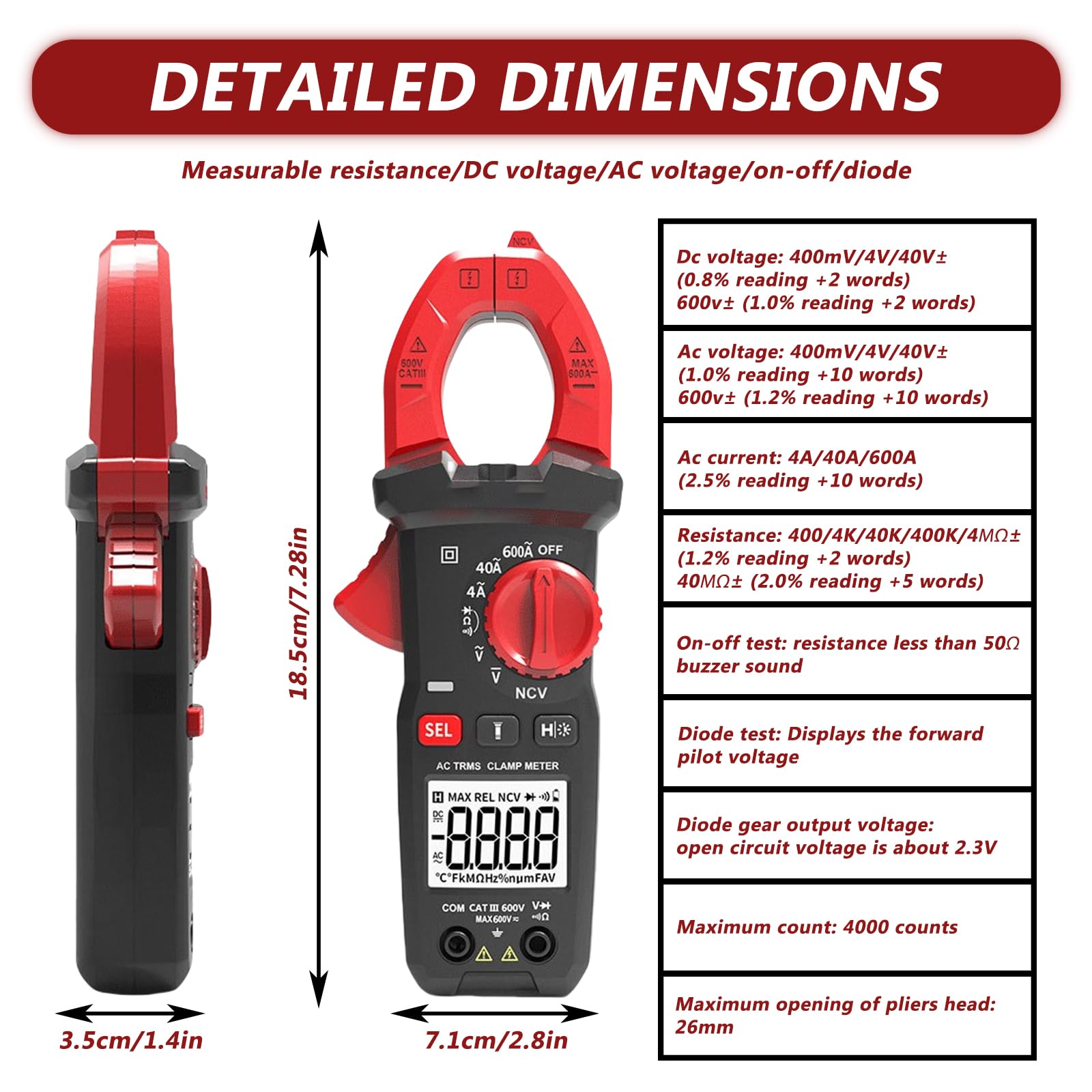 BYZESTY Strommesszange AC DC True-Rms 4000 Zähl, Zangenmultimeter Hintergrundbeleuchtung, Strommessgerät Digitales Für Die Messung AC/DC Spannung Strom Temperatur Widerstand Kontinuität Diode
