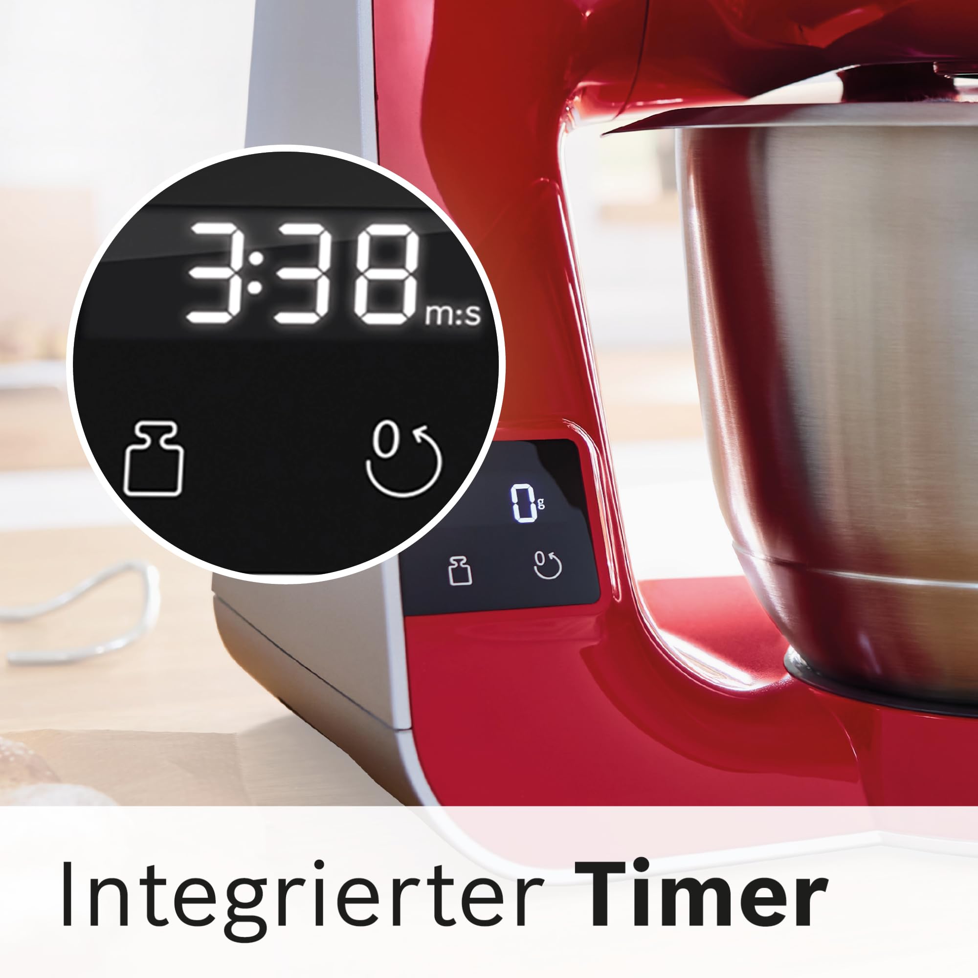Bosch Küchenmaschine MUM5 MUM5X720, integrierte Waage,Edelstahl-Schüssel 3,9L, Mixer 1,25L, Profi-Knethaken, Planetarisches Rührgetriebe, Rührbesen, Durchlaufschnitzler, 1000 W, Silber/Dunkelrot