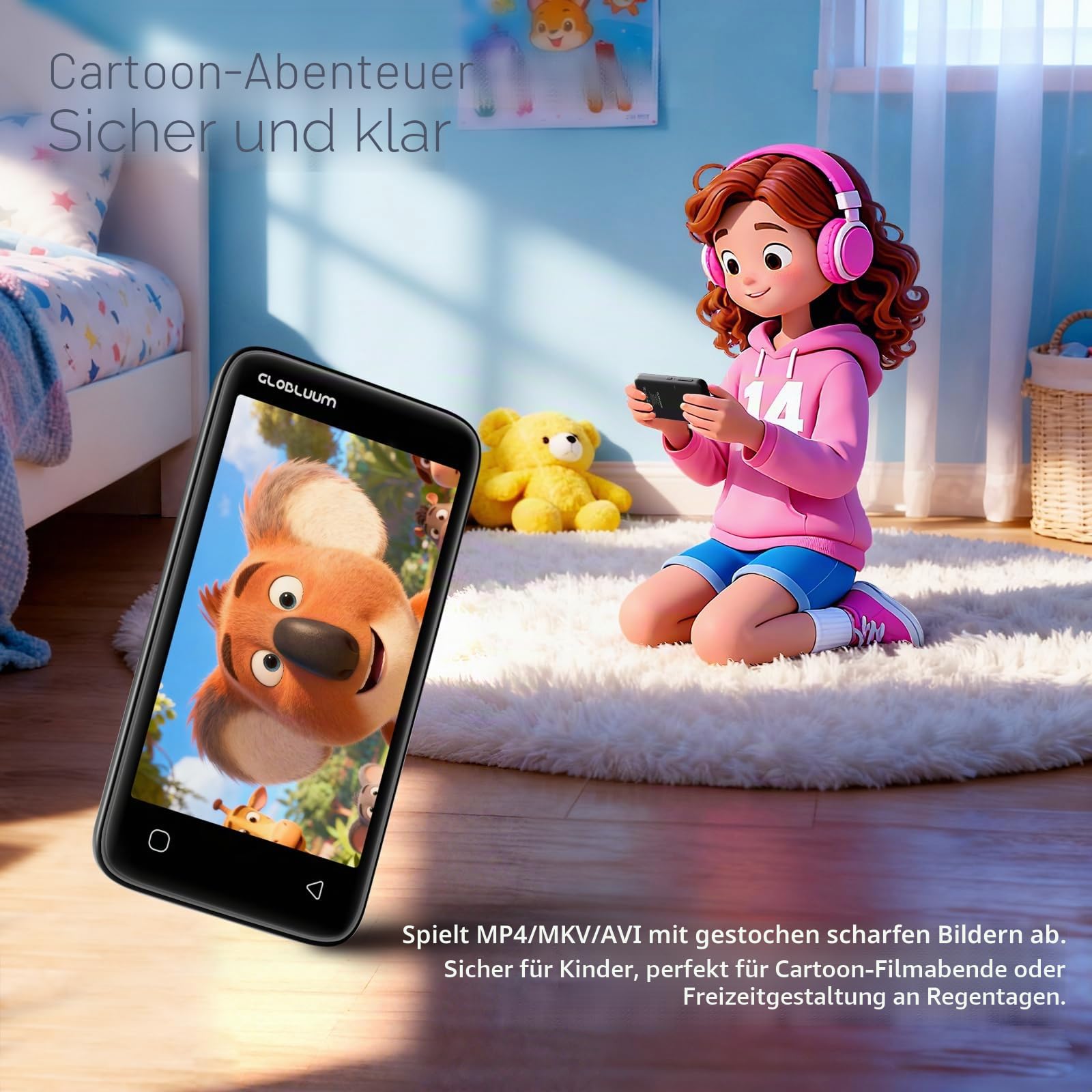 MP3-Player für Kinder, Kindersicherung, 16 GB, unterstützt Spotify und Audible, Bluetooth und WLAN (glänzendes Schwarz)