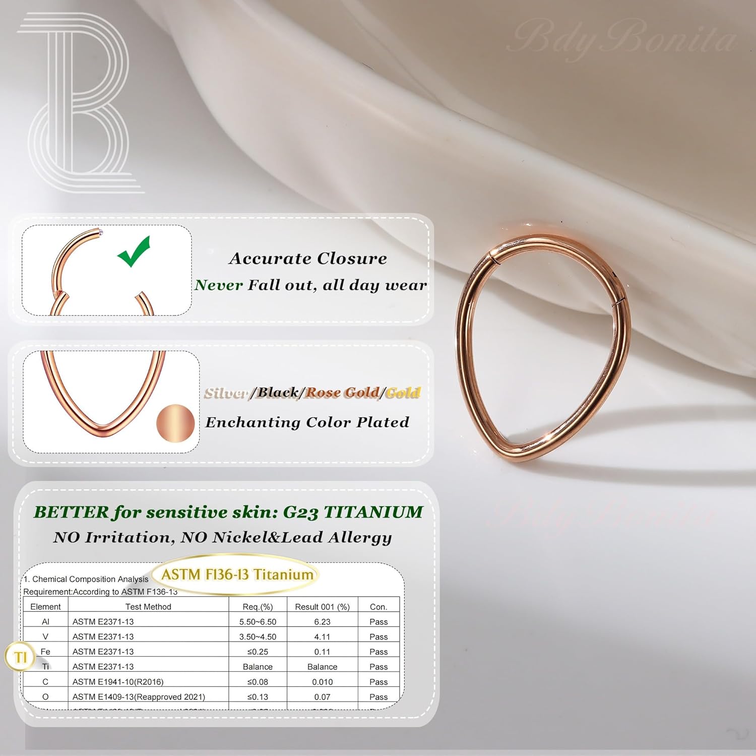 BodyBonita 16G Teardrop Septum Rings - G23 Titanium Nose Rings Hoops Seamless Hinged Cartilage Conch Daith Helix Rook Piercings Septum Jewelry for Women Men Gold Plated/Silver/Black/Rose Gold Plated - Image 3