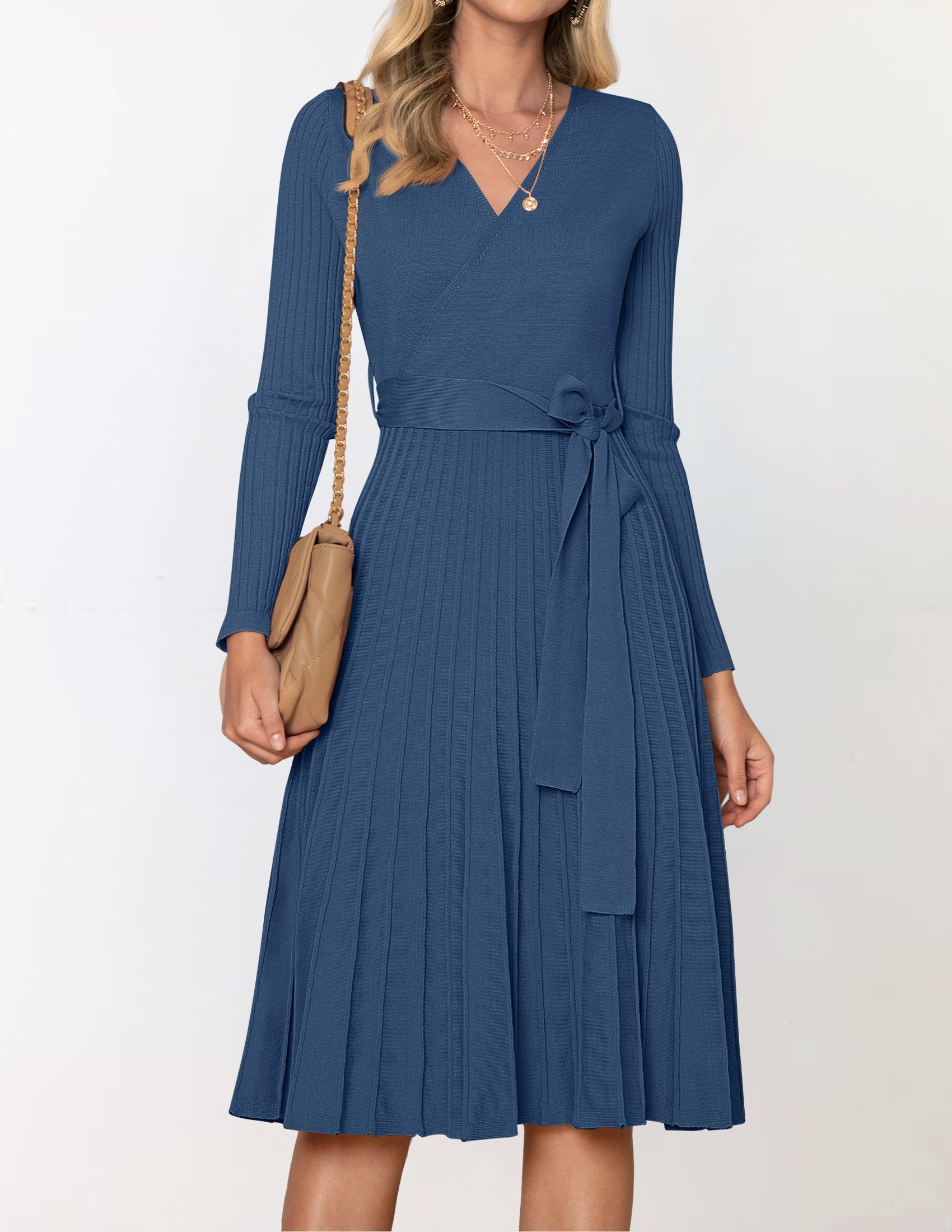 ZESICA Women's Fall Long Sleeve Wrap V Neck Ribbed Knit Pleated A Line Pullover Sweater Dress with Belt,Navy,Medium