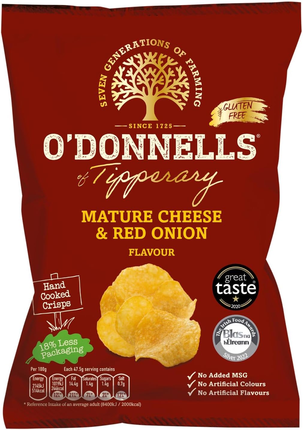 O' Donnells of Tipperary Handcooked Mature Irish Cheese and Red Onion Flavour Crisps (7 x 47.5g packs)