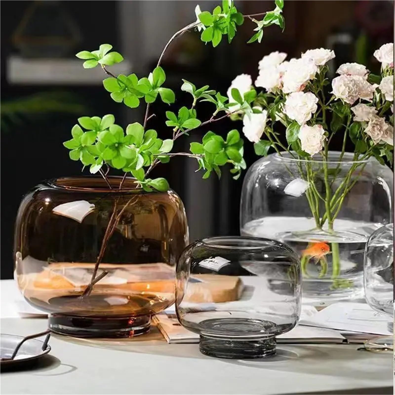 Vase Hydroponique Verre Vase en Verre Transparent avec Conception Circulaire à Grande Bouche, Table Manger for Salon, Arrangement Floral hydroponique, Ornement Double Usage(Small Gray)