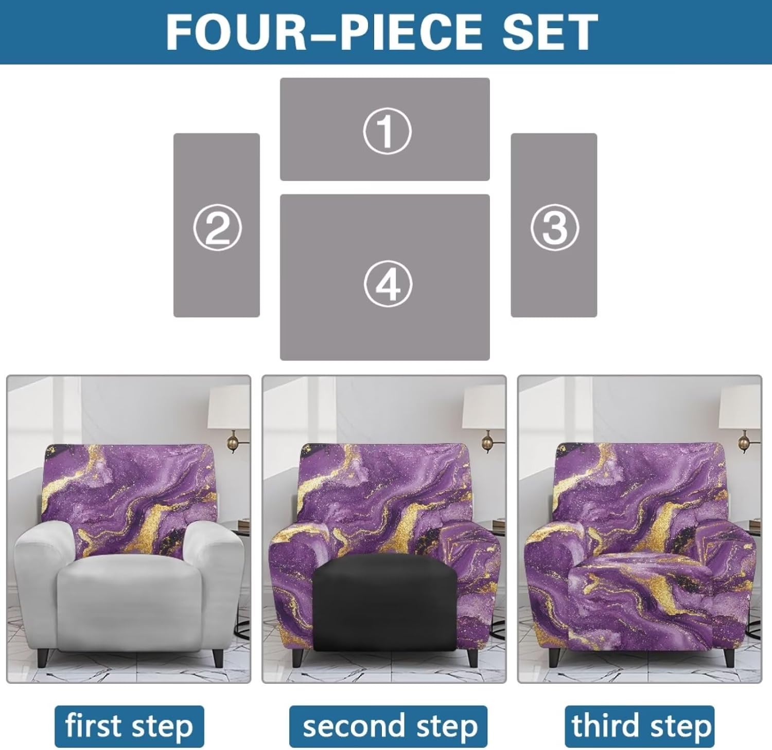 Purple Marble Chair Covers for Recliners with Arms Lazyboy Recliner Covers Non Slip Reclining Slipcovers with Storage Pockets Soft Stretchy Reclining Couch Covers Easy to Install