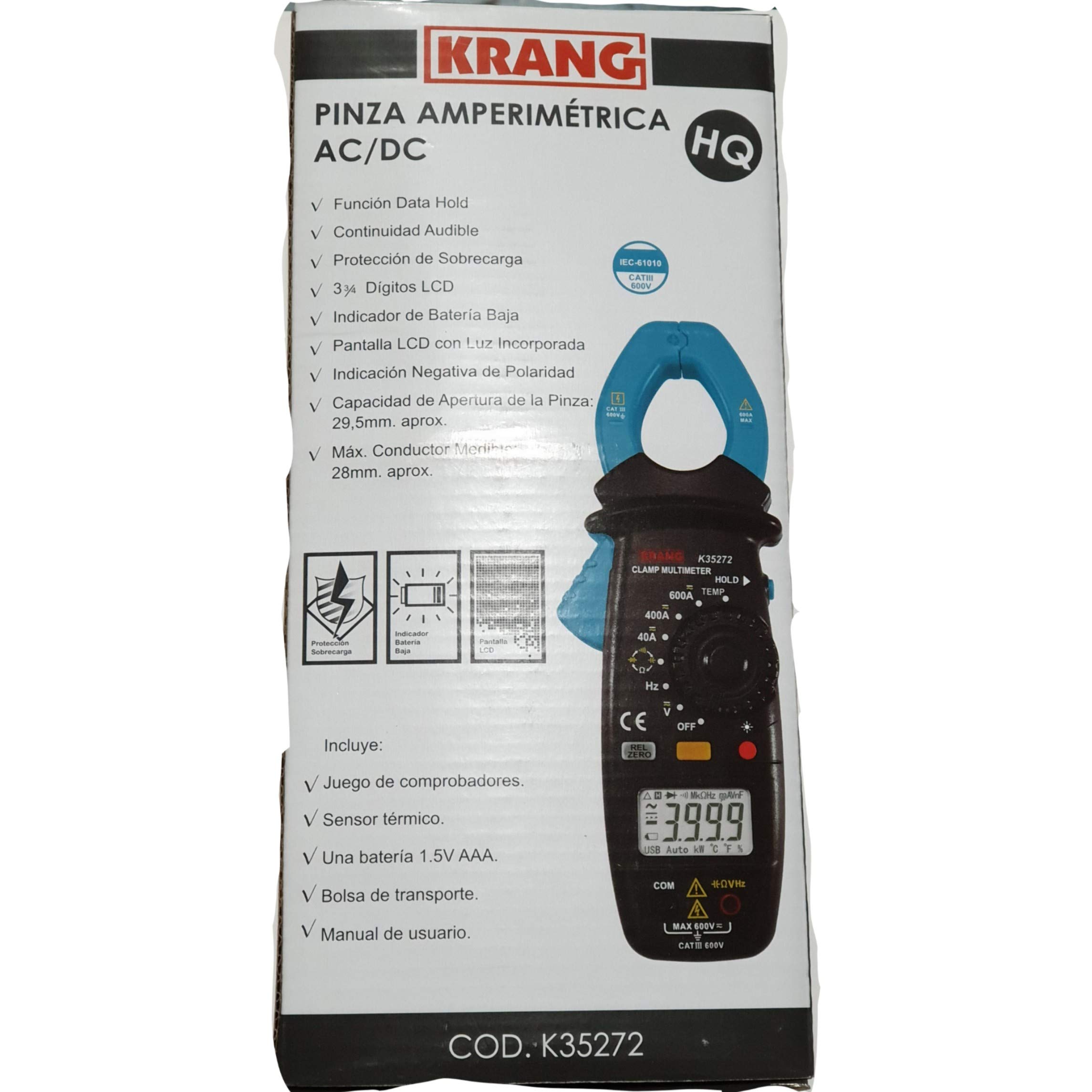 Krang K35272 Pinza Amperimétrica AC/DC Pantalla LCD 600V
