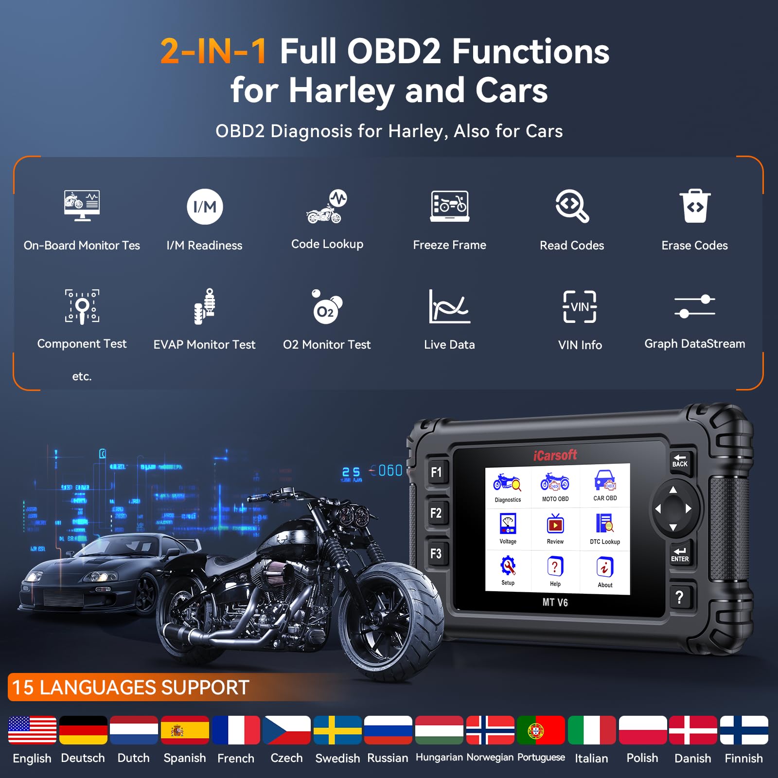iCarsoft MT V6 Outil de diagnostic de moto pour Harley, tous les systèmes de diagnostic OBD2 avec 57 tests d'actionnement, 43 fonctions spéciales, réinitialisation d'huile/ETC/ABS/ESA/ralenti moteur