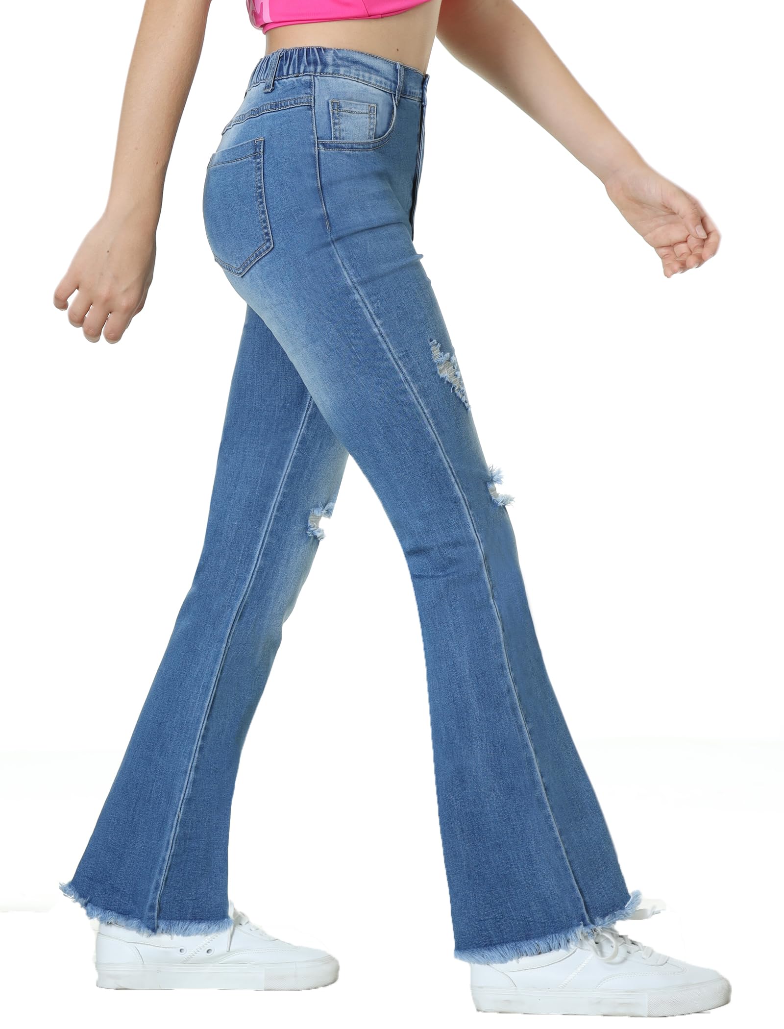 EXARUS Mädchen-Jeans, weites Bein/ausgestellt/Skinny Denim-Hose, zerrissen, hohe Taille, elastisches Band, leger, mit Taschen, Kinder 6–14 Jahre