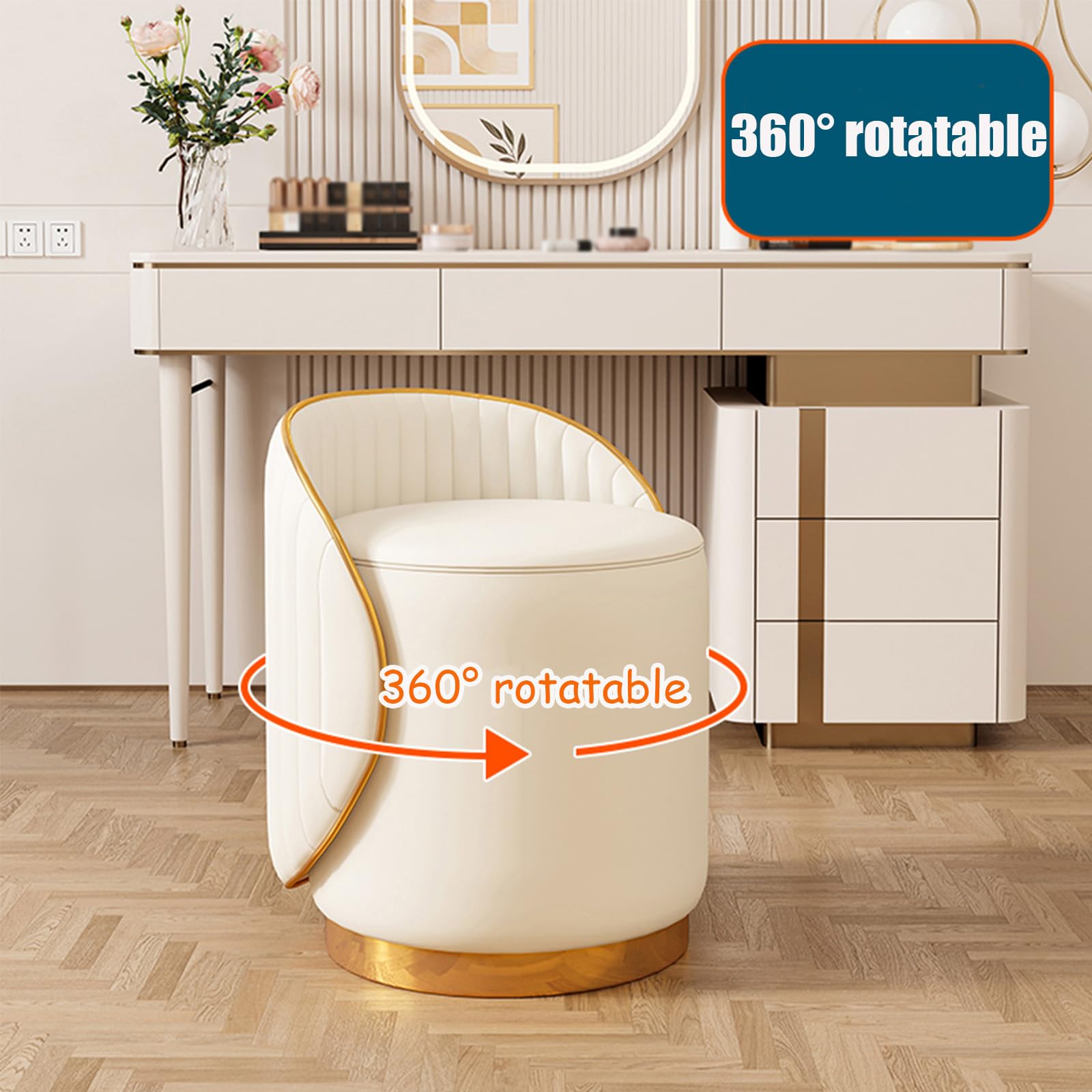 Slish Schminkstuhl, 360° drehbar, gepolsterter Make-up-Hocker mit weichem Leder und Rückenlehne, ideal für Schlafzimmer und Wohnzimmer, stilvolle und bequeme Sitzmöglichkeit, Grau