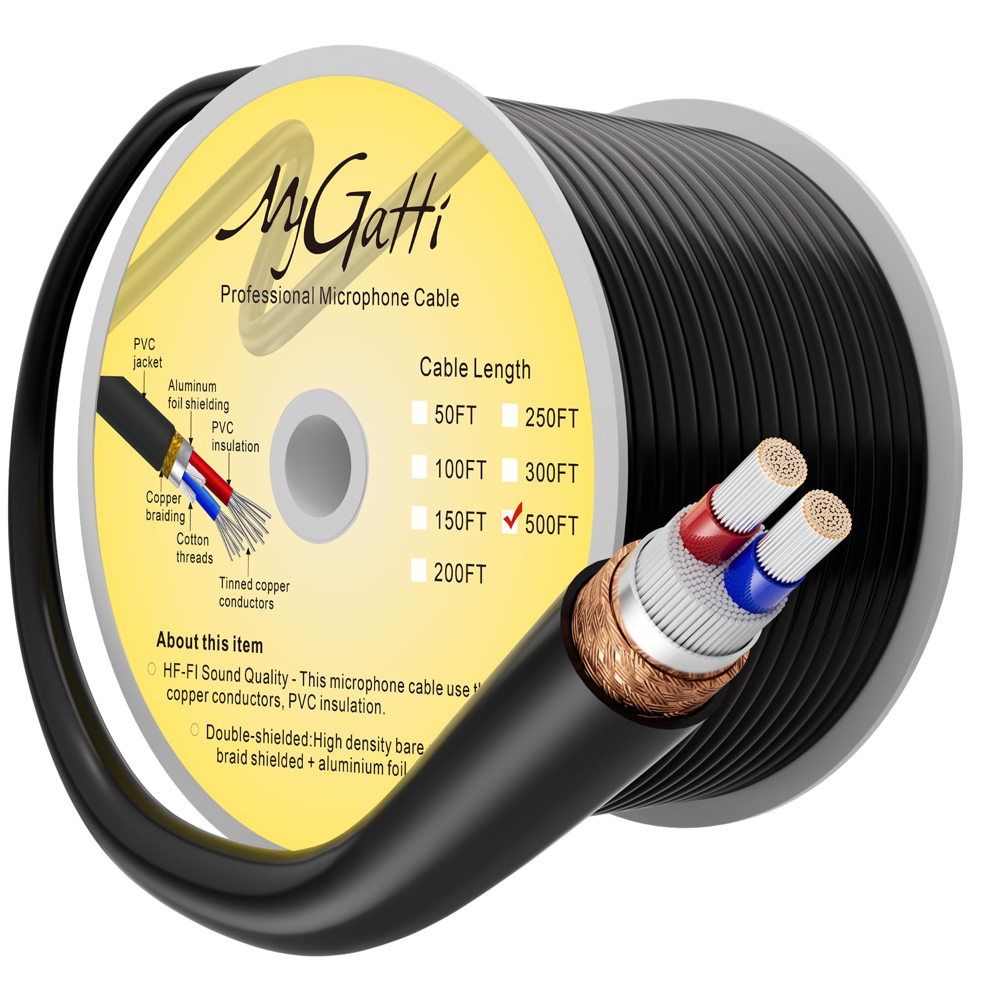 Bulk XLR Microphone Cable 500 Feet, Raw DIY Mic Spool Wire, 21 Gauge Audio Cable, OFC, 21AWG Tinned Copper 2-Conductor, Heavy-Duty, Spiral Copper Braided Shielding, Compatible with 3-Pin XLR Connector