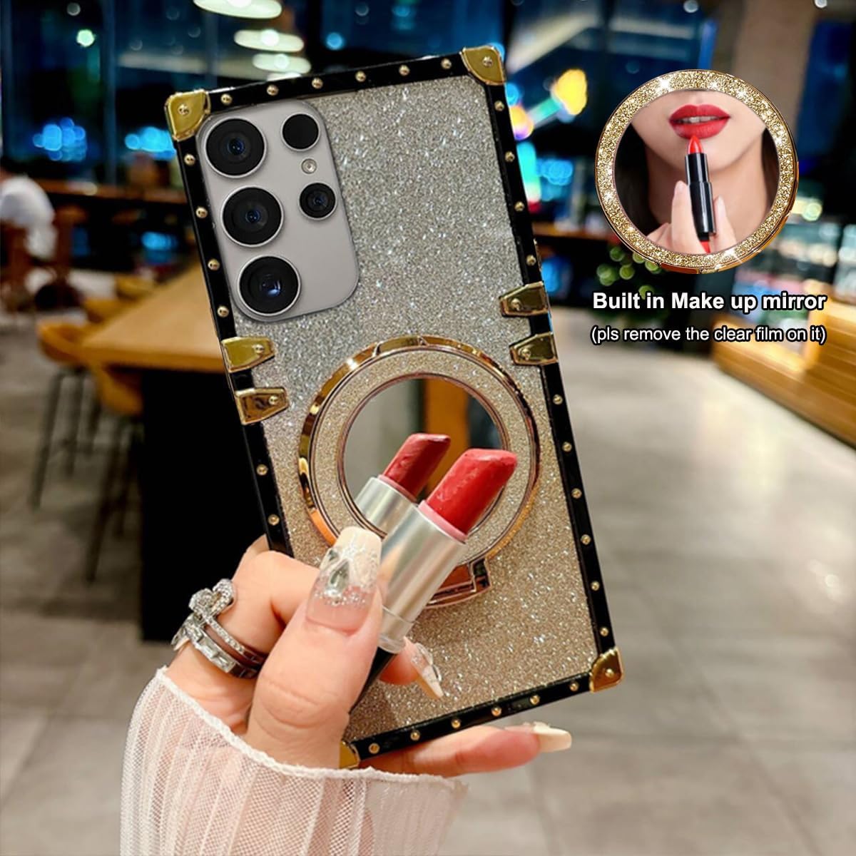 Magnetic Case for Samsung Galaxy S25 Ultra, Glitter Shockproof Protective Ring Holder Foldable Kickstand Make up Mirror Bling Girly Woman Soft Phone Cover for (Pink) - Image 2