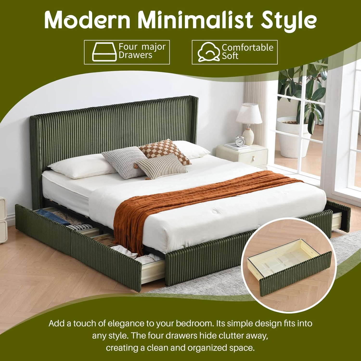 PINJU King Size upholstered Bed Frame with 4 Storage Drawers, Modern Vertical-Striped wingback headboard, slatted Wood Support, Easy Assembly and no Noise (Turtle, King (U.S. Standard))