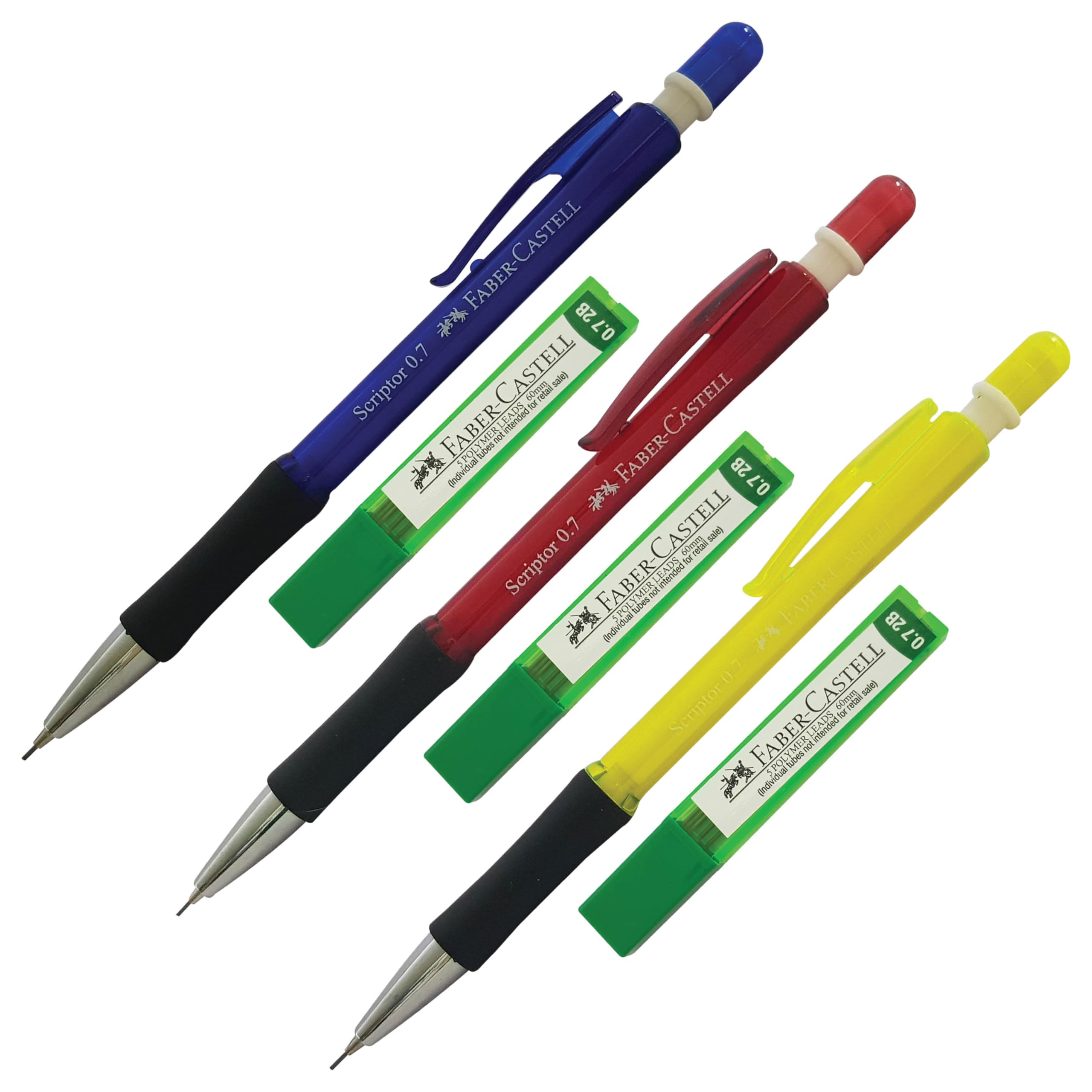 Faber-Castell Scriptor 0.7mm Mechanical Pencils, 0.7mm 2B Polymer Refills 5 x Leads Tube, MIXED Body Colours, Pack of 3, Perfect for Drafting Sketching Writing Drawing