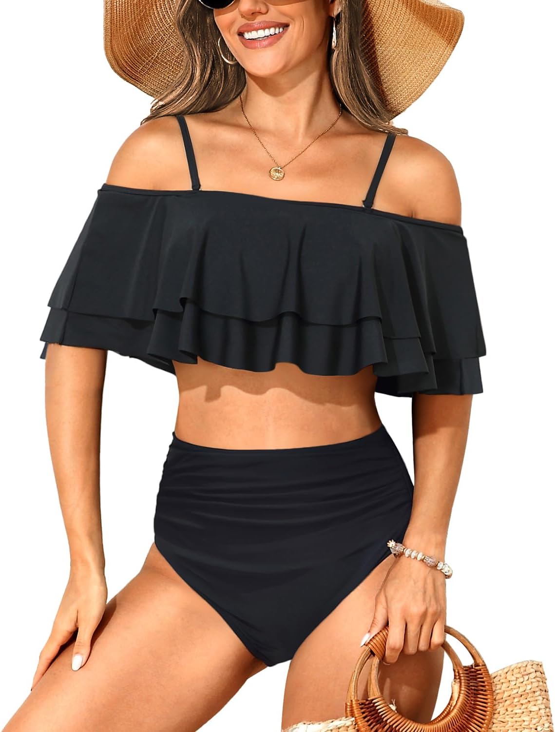 Women Two Piece High Waisted Bikini Set Swimsuit Off Shoulder Ruffle Bathing Suits Tummy Control Ruched Swimwear