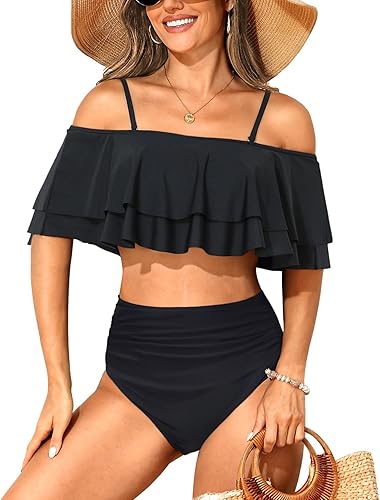 Tempt Me Conjunto de bikini de cintura alta de dos piezas para mujer, traje de baño con control de abdomen, con volantes y hombros descubiertos.