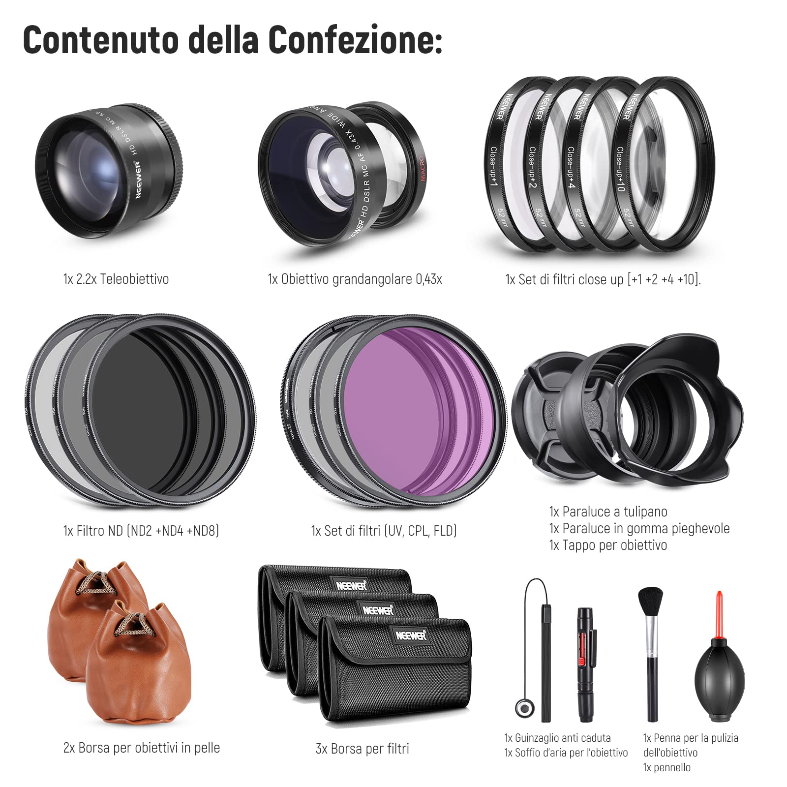 NEEWER Set di Lenti e Filtri da 52mm: Grandangolo/2,2X Teleobiettivo Aggiuntivo per Obiettivo APS-C 18mm-85mm, (+1+2+4+10) Close Up Macro/ND/UV/CPL/FLD per Obiettivi con Filettatura ⌀52mm