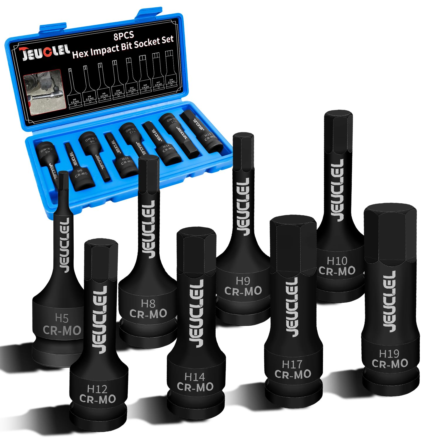 JEUCLEL 8PCS Hex Impact Bit Socket Set, 1/2-Inch Impact Drive Allen Socket Kit, Cr-Mo Steel Lengthen Hex Screwdriver Socket Adapter