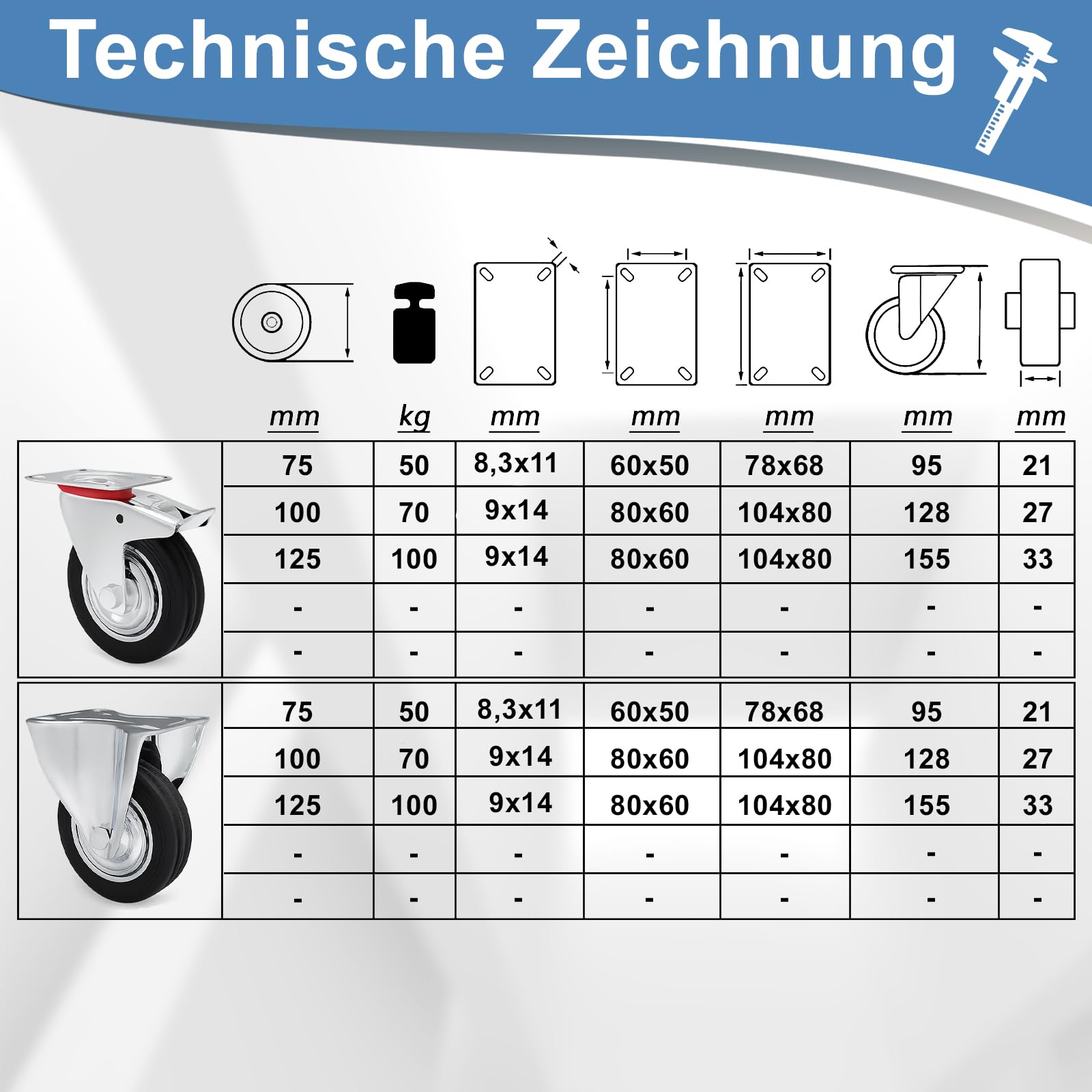 Schwerlastrollen Transportrollen Schwarze Industrierollen - 100mm Rollen-Set: 2x Bockrolle + 2x Lenkrollen mit Bremsen - Spurlose & Massive Rollen für Werkstatt Werkzeugwagen Hochbeet