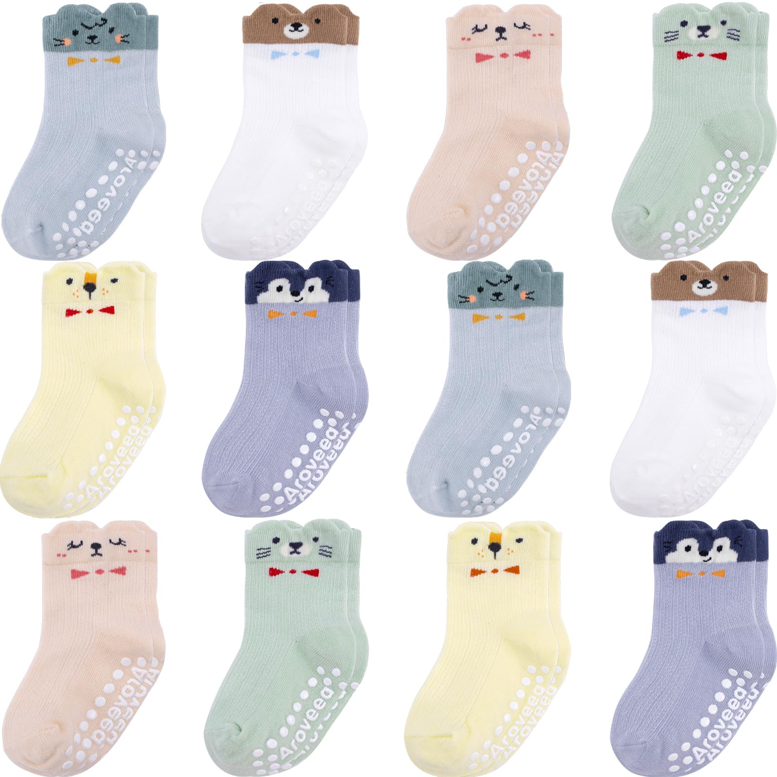 Aroveea Non Slip Grip Ankle Baby Socks 12 Pack for Toddler Boys and Girls Kids,Infant Cute Cotton Baby Socks