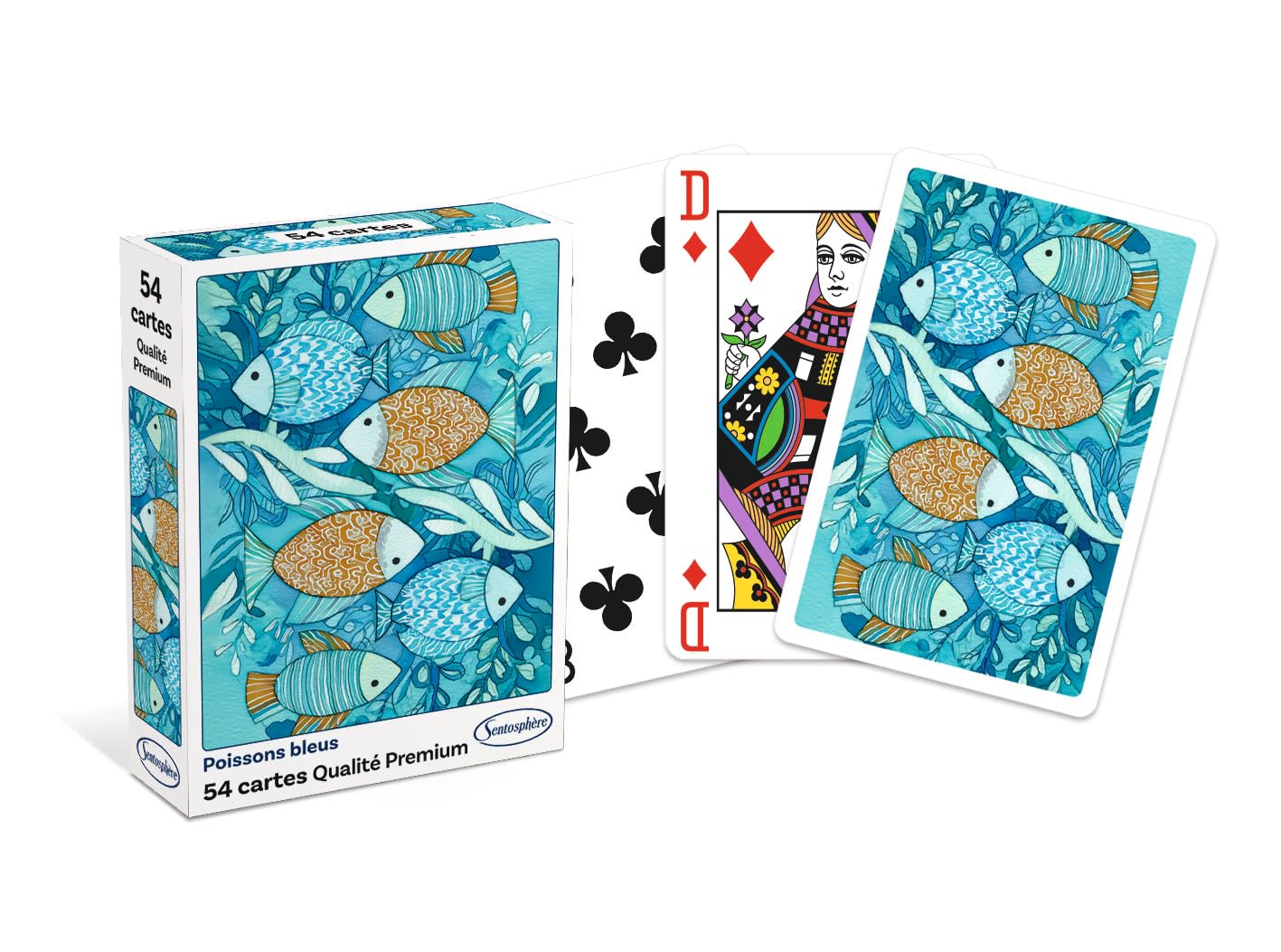 Sentosphère - Set of 54 Classic Blue Fish Cards - Bridge Format - Standard Playing Cards - Made in France - Soft and Slippery Card - 1207