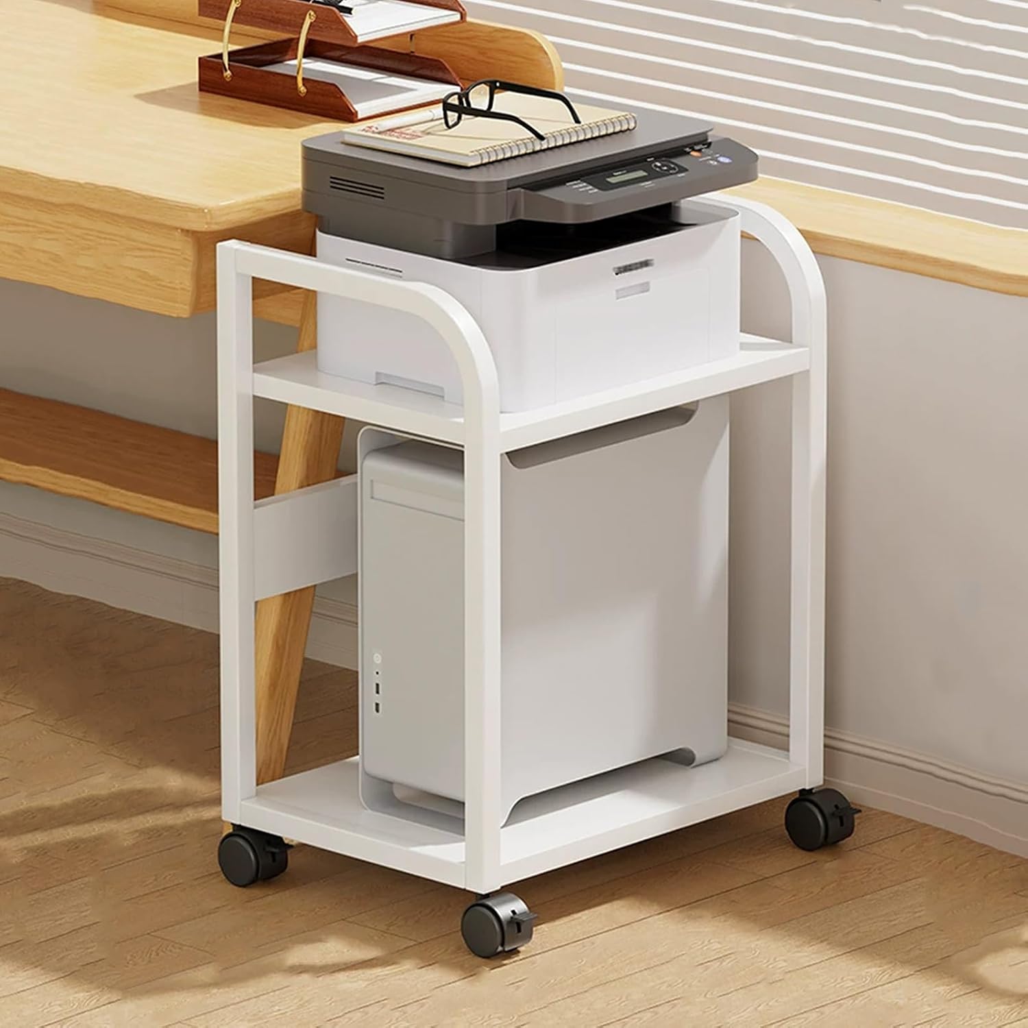 2-Tier Audio Rack, Movable Media Stand, AV Media Stand, Media Storage Cabinet, Small Printer Stand, Video Media Stand Storage for Entertainment(White)