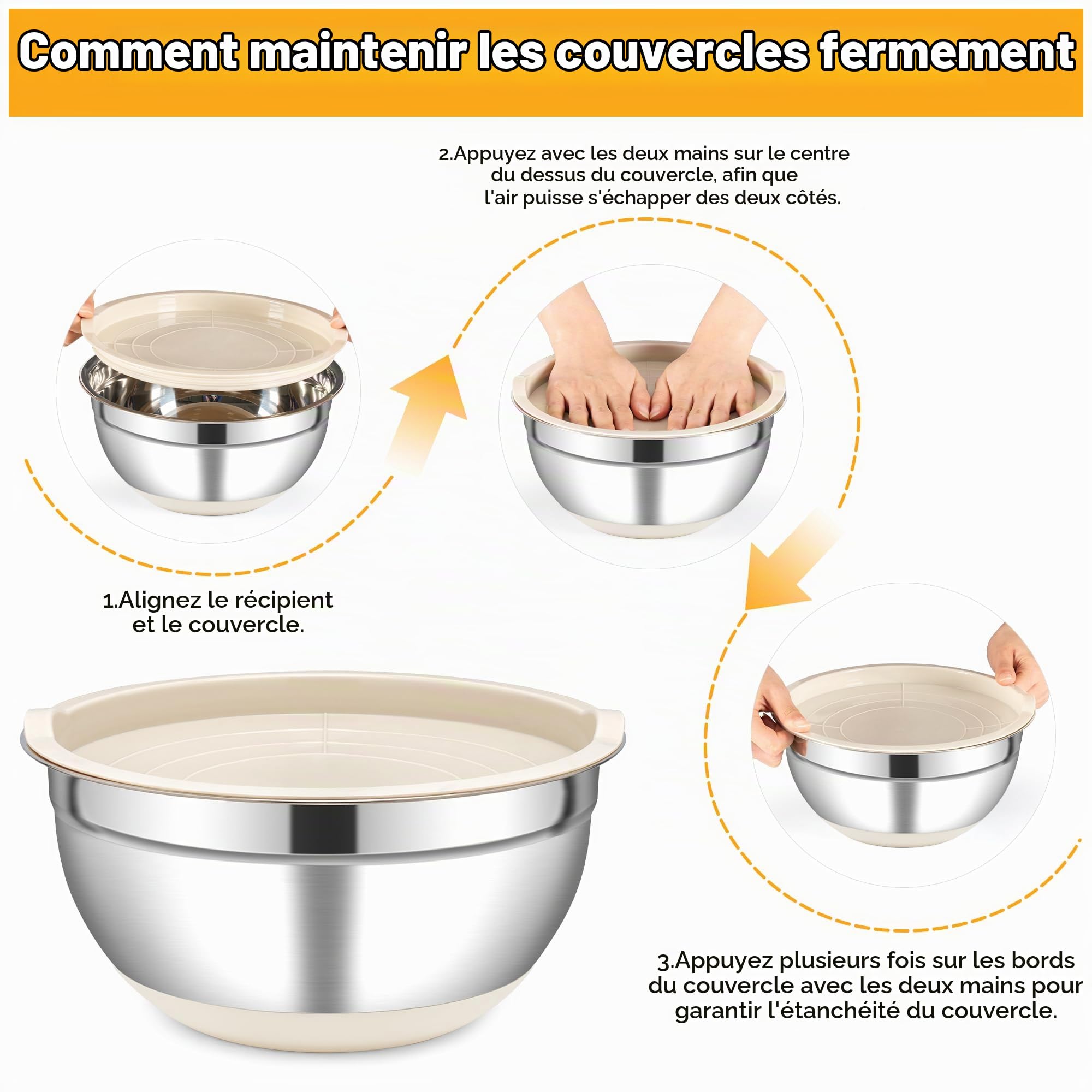 Fire More Lot de 5 Saladier Inox avec Couvercle Hermétique | 4L/2,8L/1,8L/1,5L/1L Cul de Poule Inox Empilables, avec 3 Râpes pour Cuisine, Préparation et Conserver ou Mixer