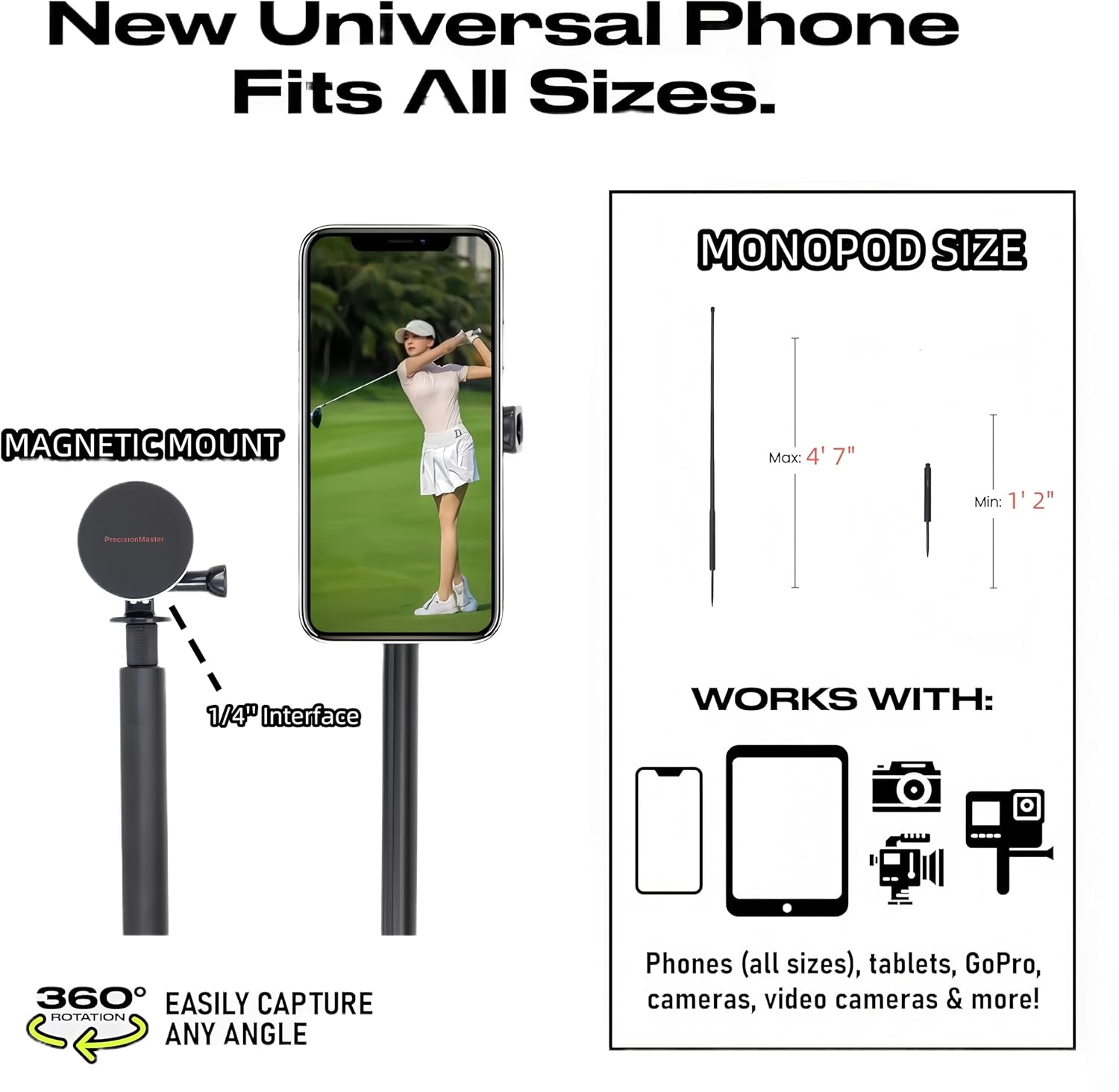 Golf Monopod Stick, Record Golf Swing with Magnetic Phone Holder, Adjustable Tripod with Spike Stake Golf Accessories Golf Swing Training, Compatible with Gopro Insta, Golf Train Aids