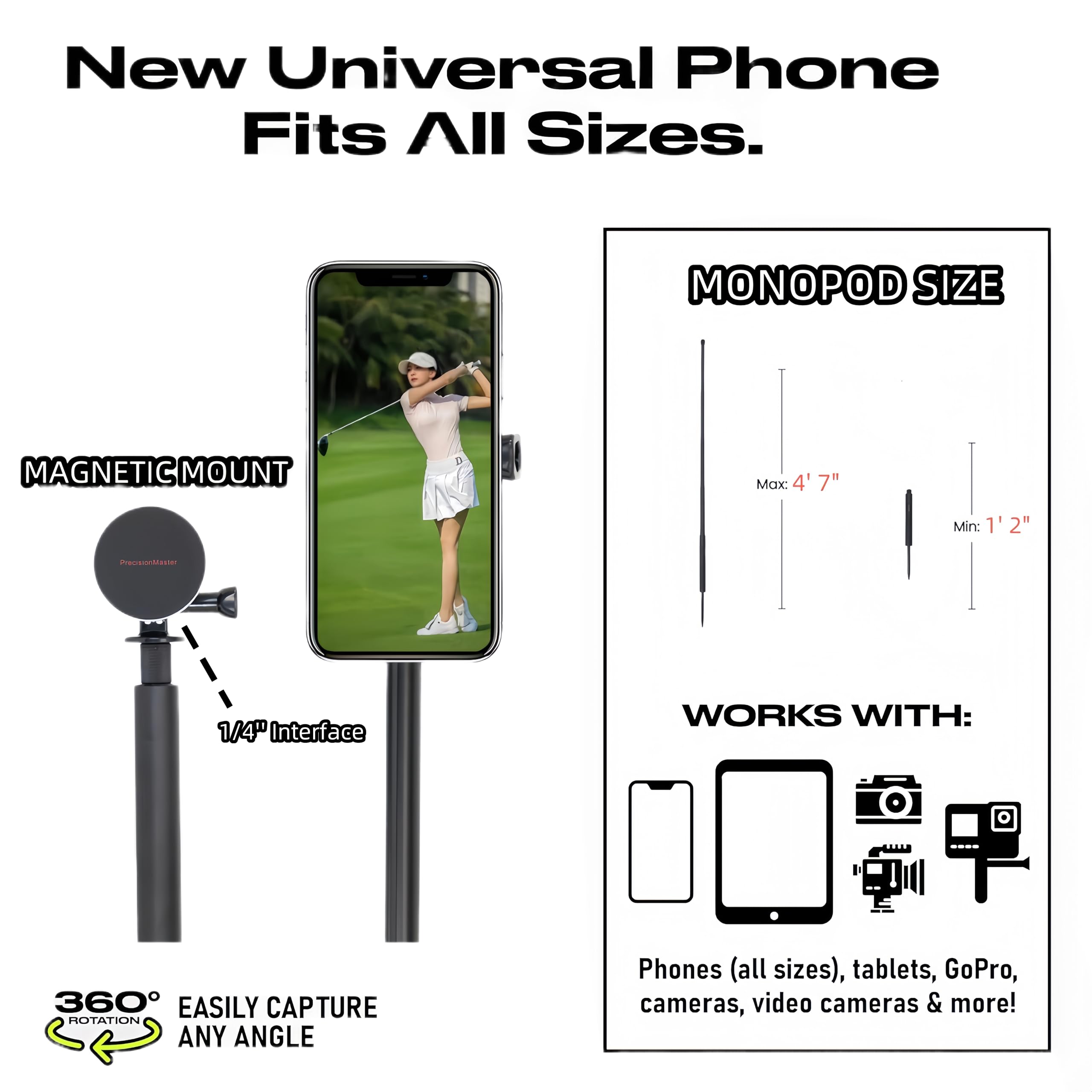 PrecisionMaster Monopode Golf, Enregistrement Swing avec Support Téléphone Magnétique, Trépied Réglable avec Piquet, Accessoires Entraînement Golf, Compatible GoPro Insta