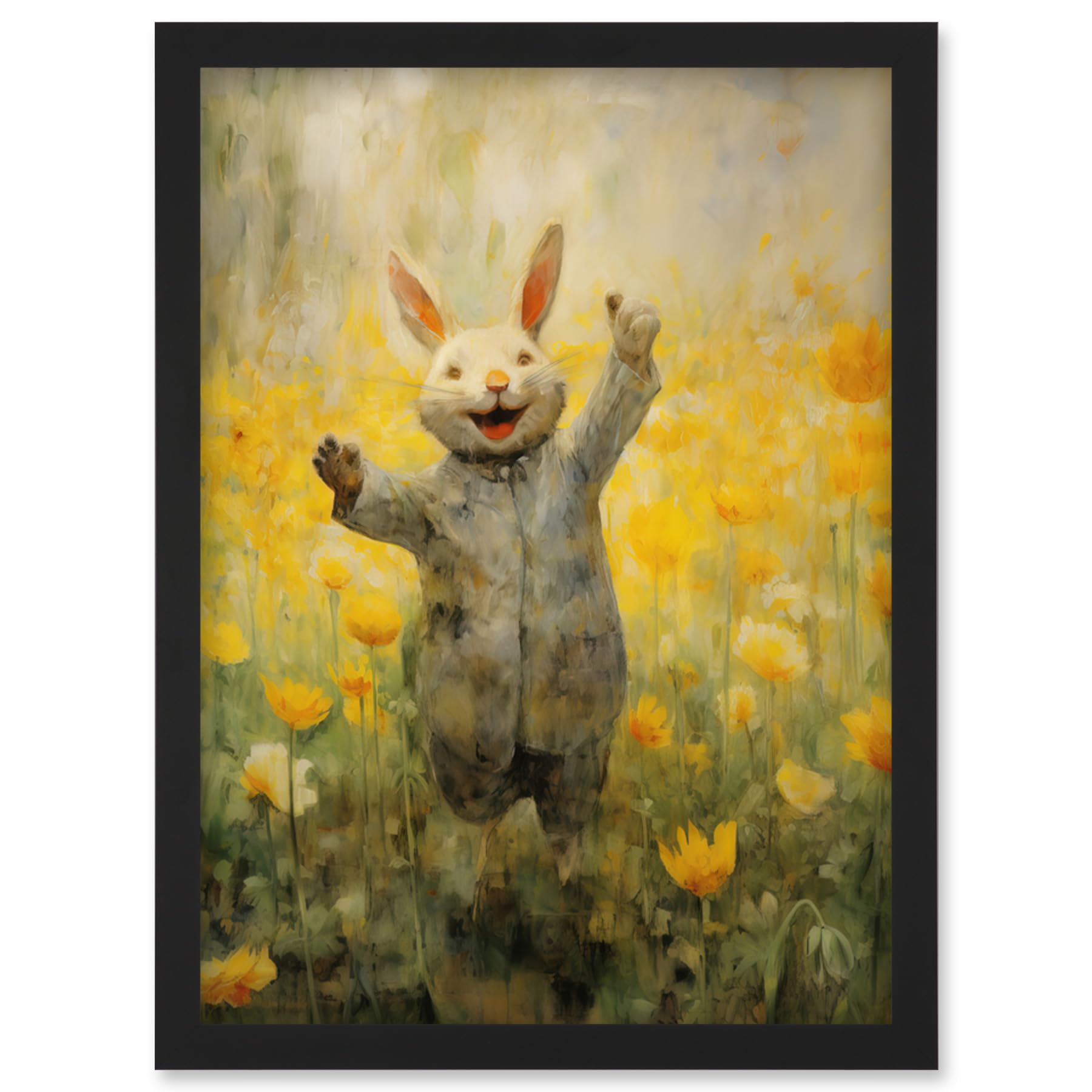 Artery8 Tulips and Rabbit Watercolour Fun Kids Baby Nursery Artwork Framed Wall Art Print A4