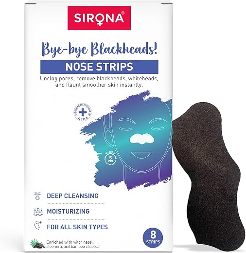 Sirona Bamboo Charcoal Blackheads Remover Nose Strips for Women – Pack of 8 | Painless &amp; Instant Removal of Whiteheads, Bl...