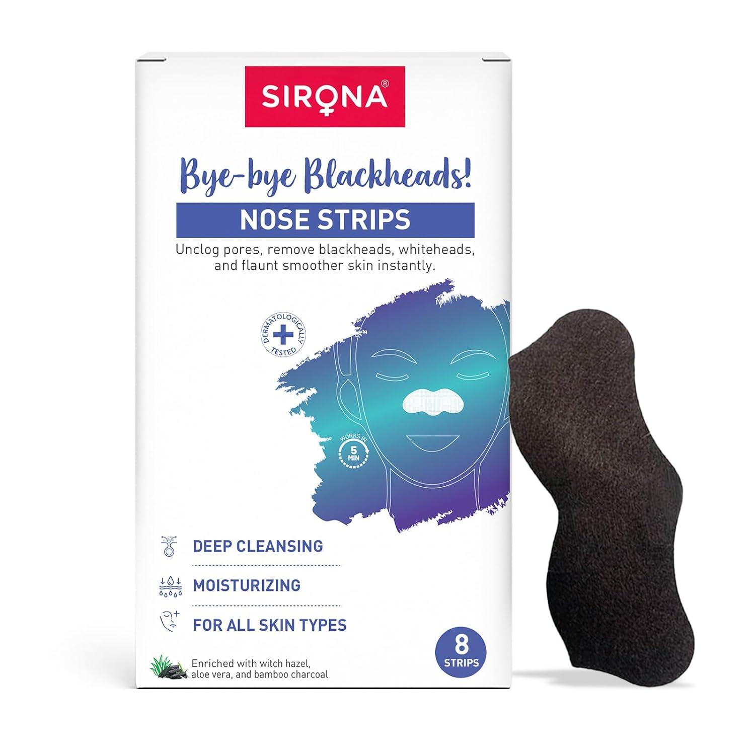 Sirona Bamboo Charcoal Blackheads Remover Nose Strips for Women – Pack of 8 | Painless & Instant Removal of Whiteheads, Bl...