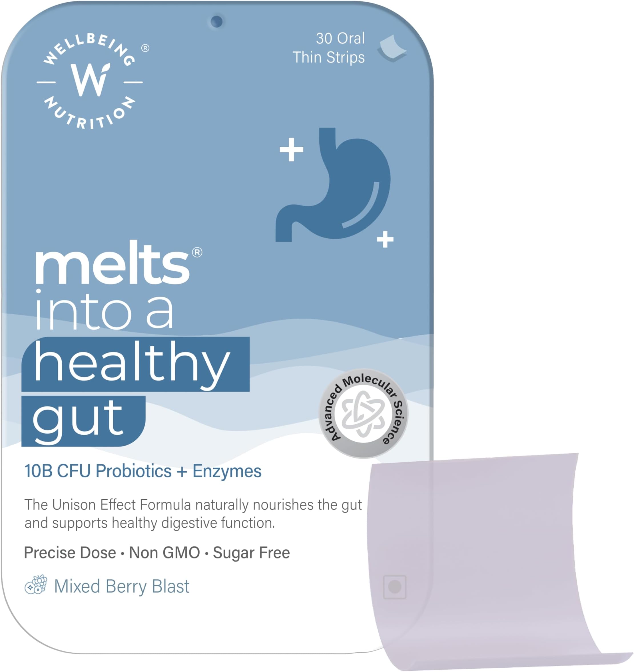 Wellbeing Nutrition Melts Healthy Gut | 10B CFU Probiotics, Digestive Enzymes, FOS | For Indigestion, Gas, Acidity and Bloating, Gut Health, 30 Oral Strips