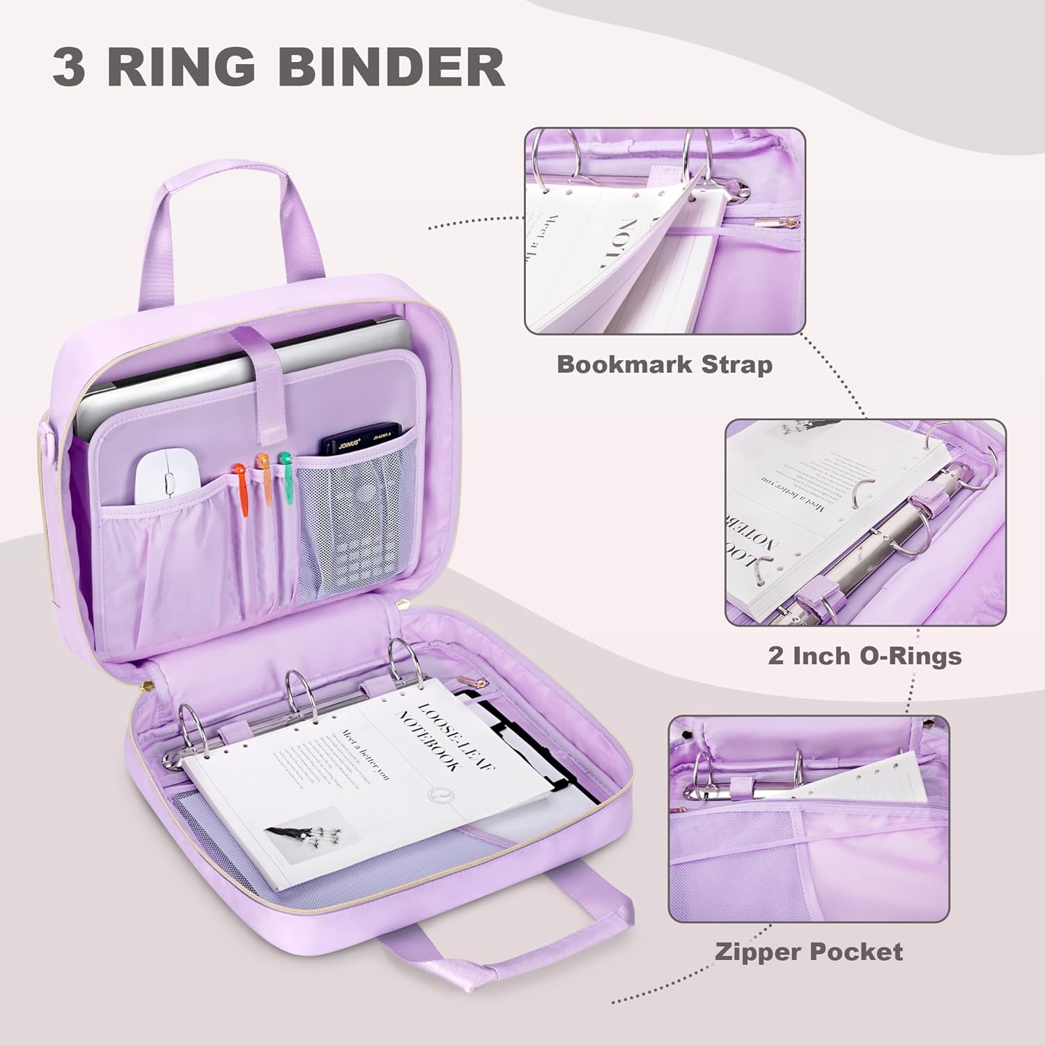 3 Ring Zipper Binder 2 Inch, Accordion File Organizer with Shoulder Strap, Zip Up Binder with 500-Sheet Capacity, Purple