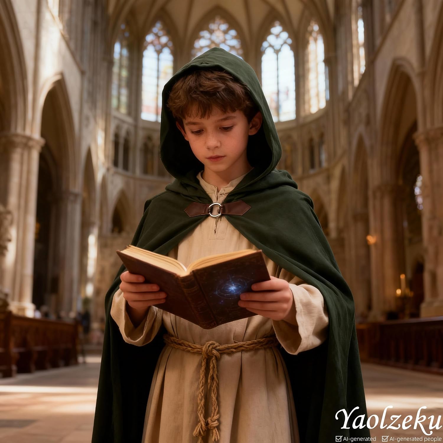 Kids Green Velvet Hooded Medieval Renaissance Cloak Cape for Boys and Girls | Soft Mid-Length Velvet. Metal Clasp Closure. Daily, Outdoor, Camping, LARP, Festivals, Photoshoots, Stage & Cosplay