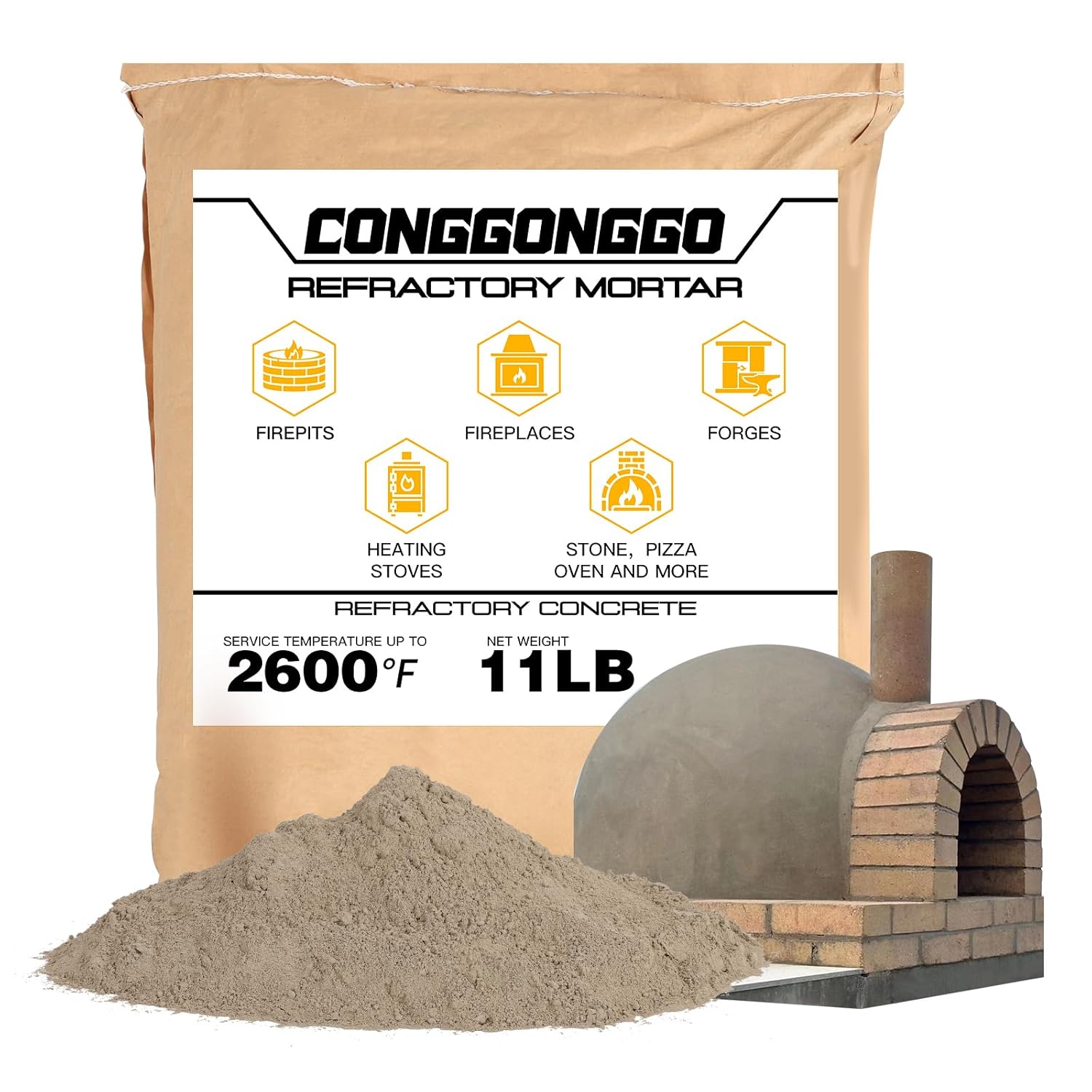 2600°F Refractory Mortar 11 lbs - Air Set Fire Brick Cement for Fireplace Stove Pizza Oven Kiln Forge Repair