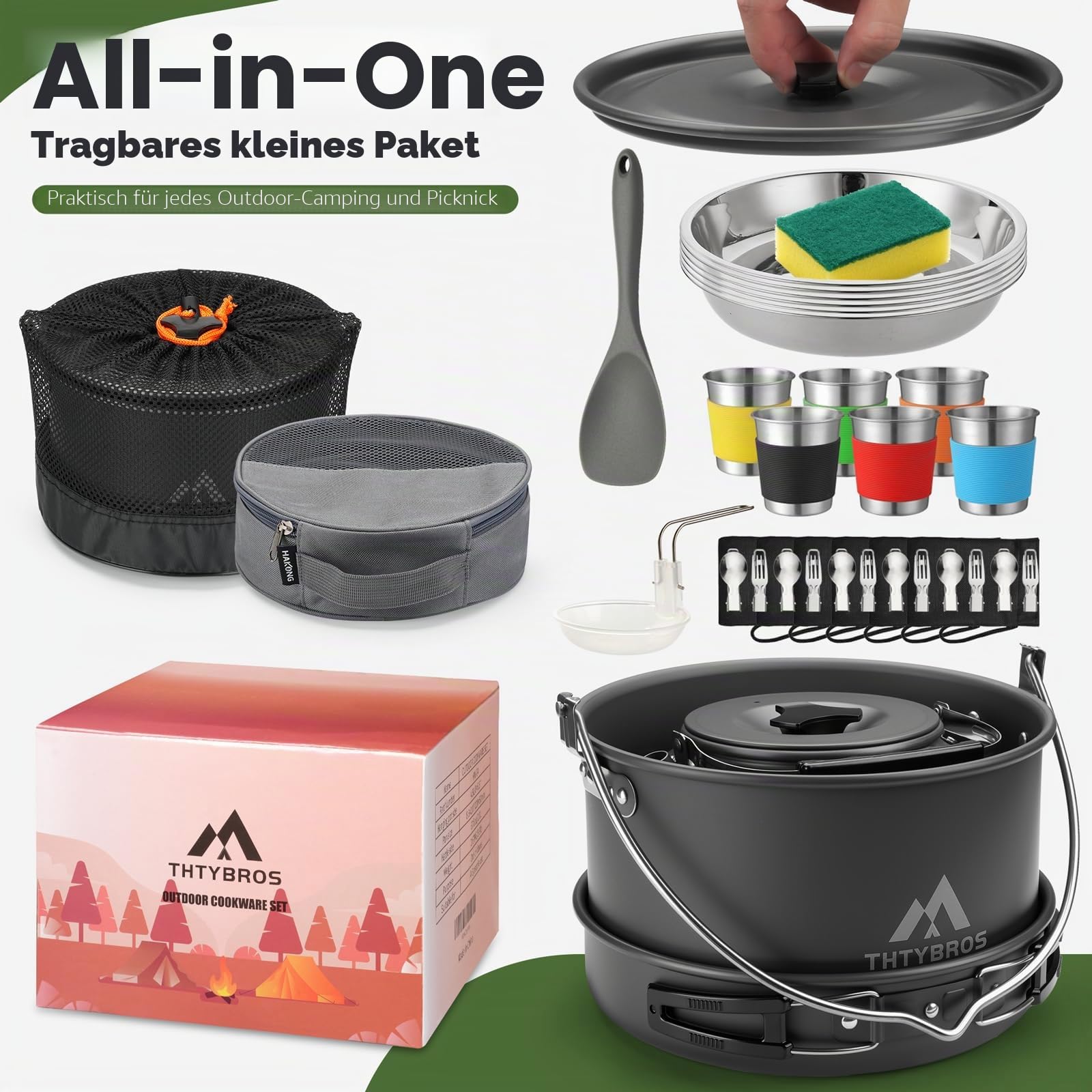 THTYBROS 43-teiliges Aluminium Camping-Set für 6 Personen mit Topf, Wasserkocher, Pfanne & Geschirr für Outdoor