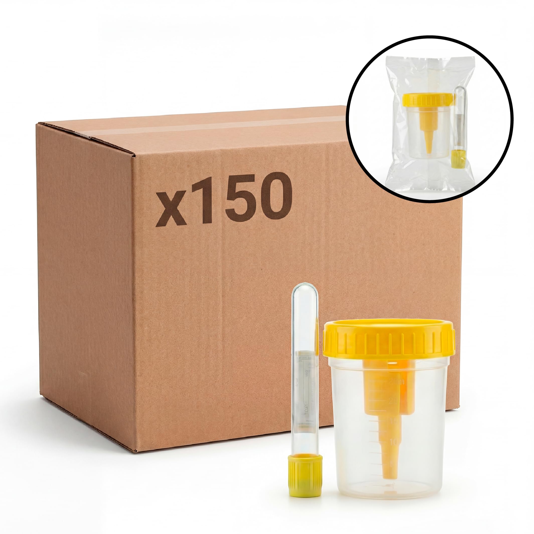 KMINA Kit de Prélèvement d'Urine sous Vide (150 unités), Flacon de 100 ml avec Graduation et Tube sous Vide de 9 ml, Système Clos et Hygiénique