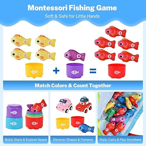 Miniatura 3 de Juguetes Montessori 2 en 1 para niños de 1 año - Juego de pesca para niños pequeños con tazas apilables y autos abatibles, juguetes de aprendizaje