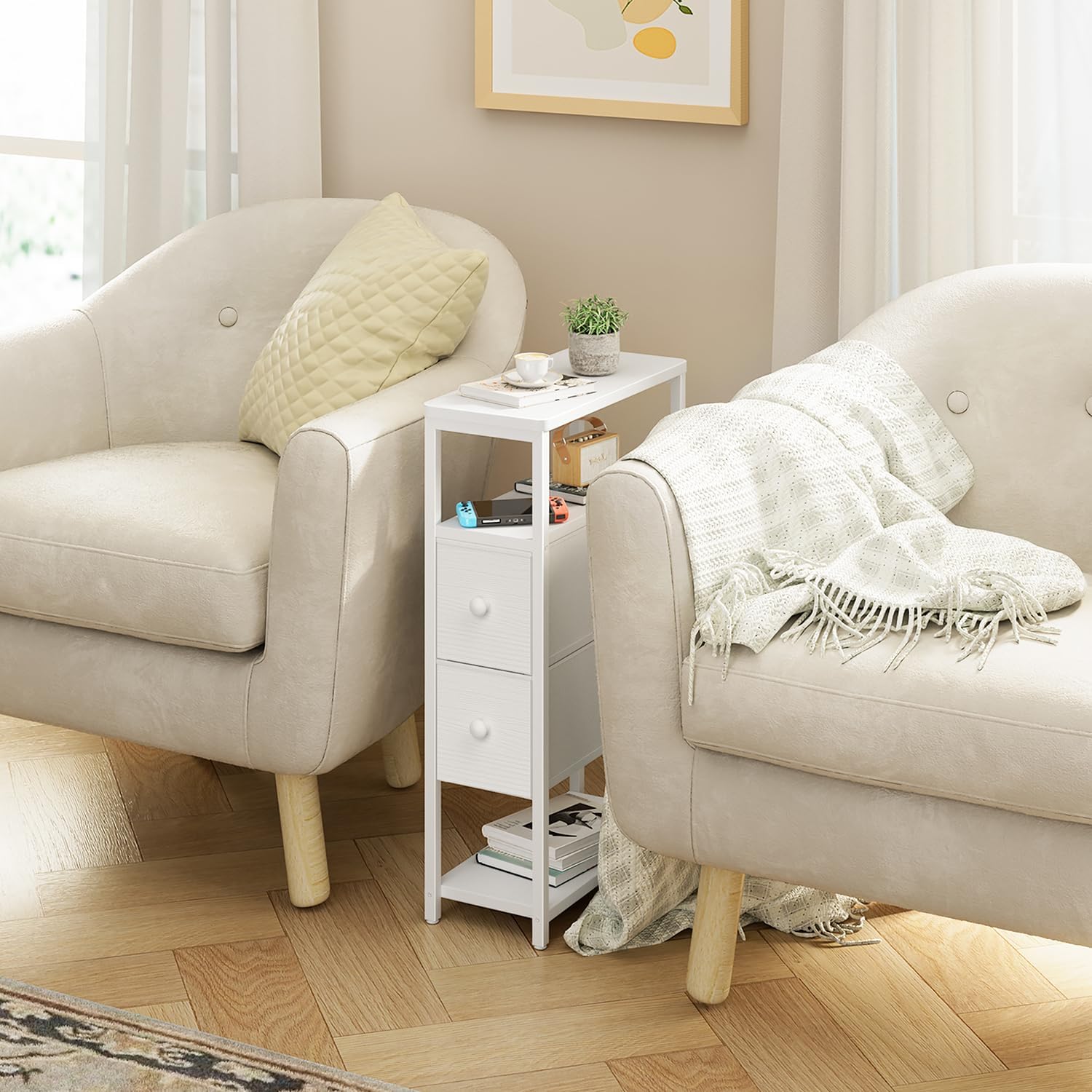 Narrow Nightstands Set 2 - Skinny Side Table Slim Night Stand for Small Space Bedroom Thin Bedsides Tables with 2 Drawers, White - Image 6