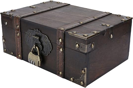 WESE Vintage Wooden Treasure Chest, Pure Hand Jewelry Storage Box With Lock Large Capacity Treasures Collection Storage Box For Classroom Kids Birthday Party Decorative