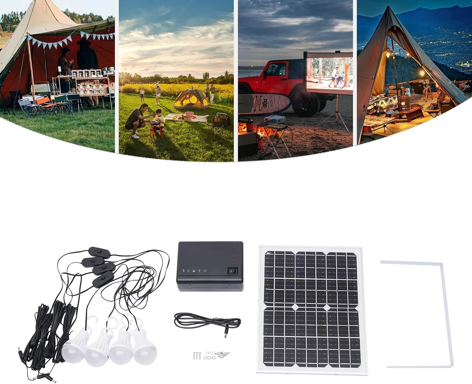 Solar Inverter with Solar Panel & 4 LED Lights, 12V 4A Portable Power Generator Kit, Emergency Energy Storage with USB DC Outlets Power Station for Home Backup Outdoors Camping Travel Hunting RV