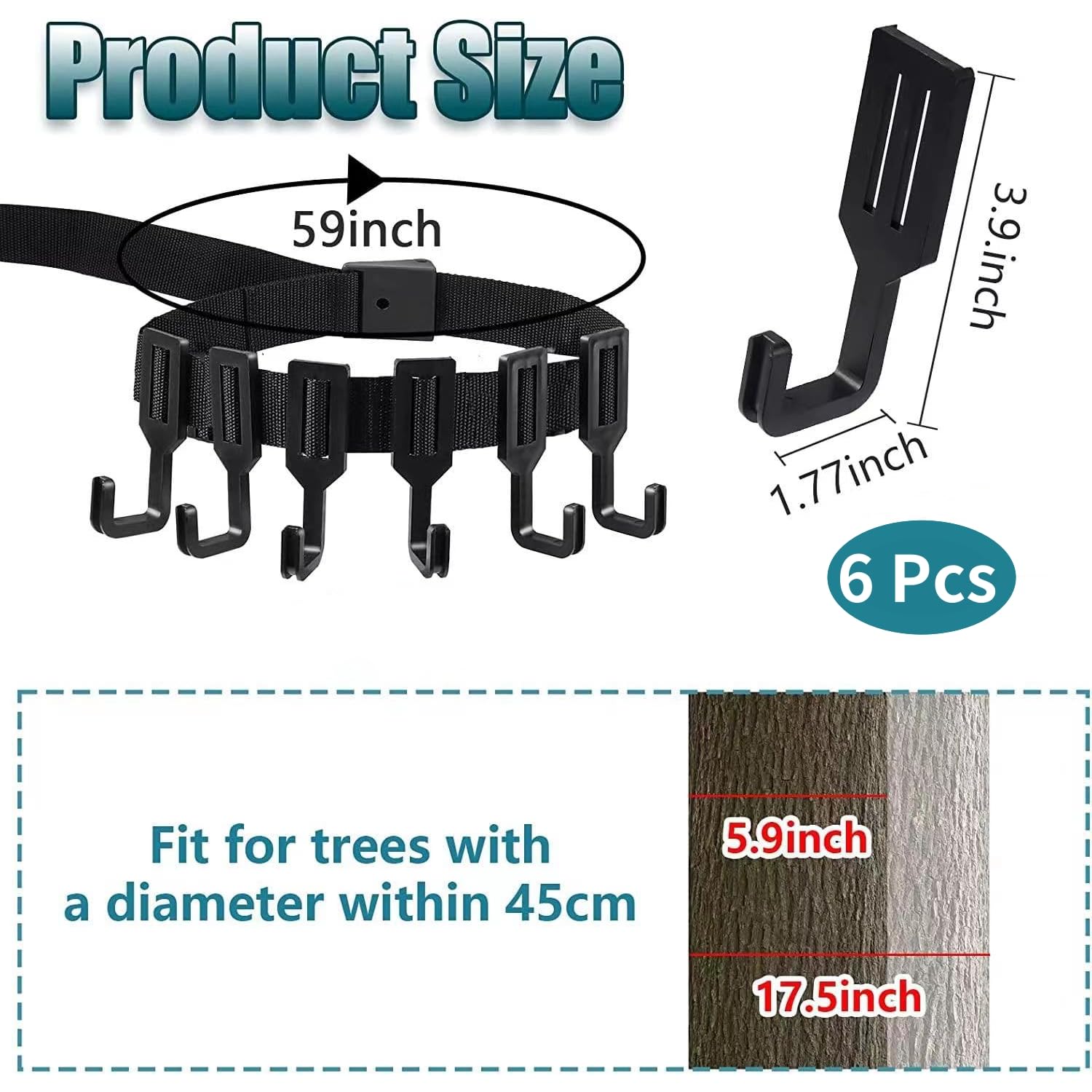 Colgadores para Árboles de Equipo de Caza, Negro Gancho con Correas de Trinquete, Soportes de Silla de Árbol Resistentes, Soporte para Árbol al Aire Libre para Caza (1 Correa con 6 Ganchos)