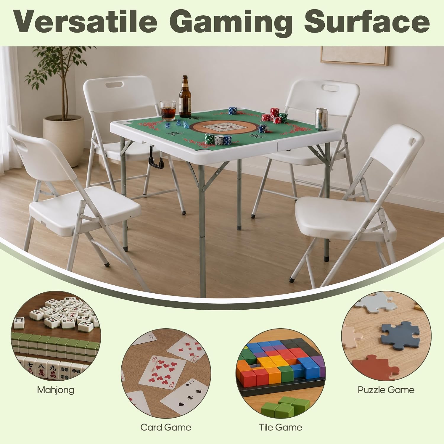 35" Square Mahjong Table, 4 Player Portable Folding Card Table with Green Tabletop & 4 Cup Holders, Durable HDPE Material, Removable Legs for Easy Storage, White