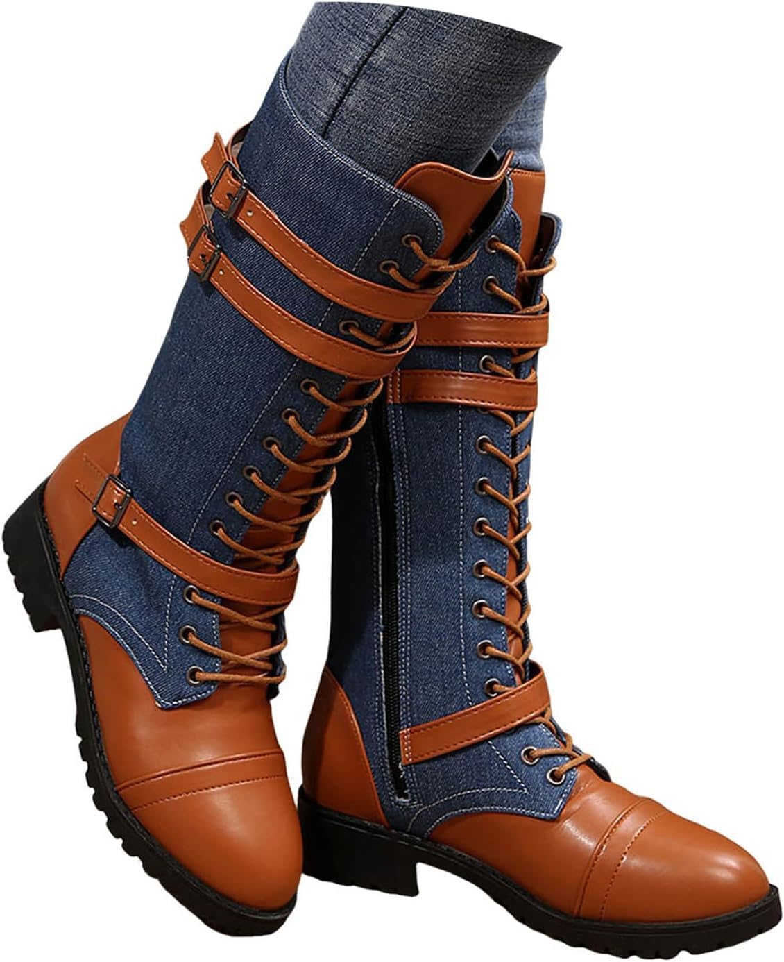 Women Riding Boots Mid Calf Combat Boots Winter Lace Up Gothic Motorcycle Boot with Inside Zipper Non Slip