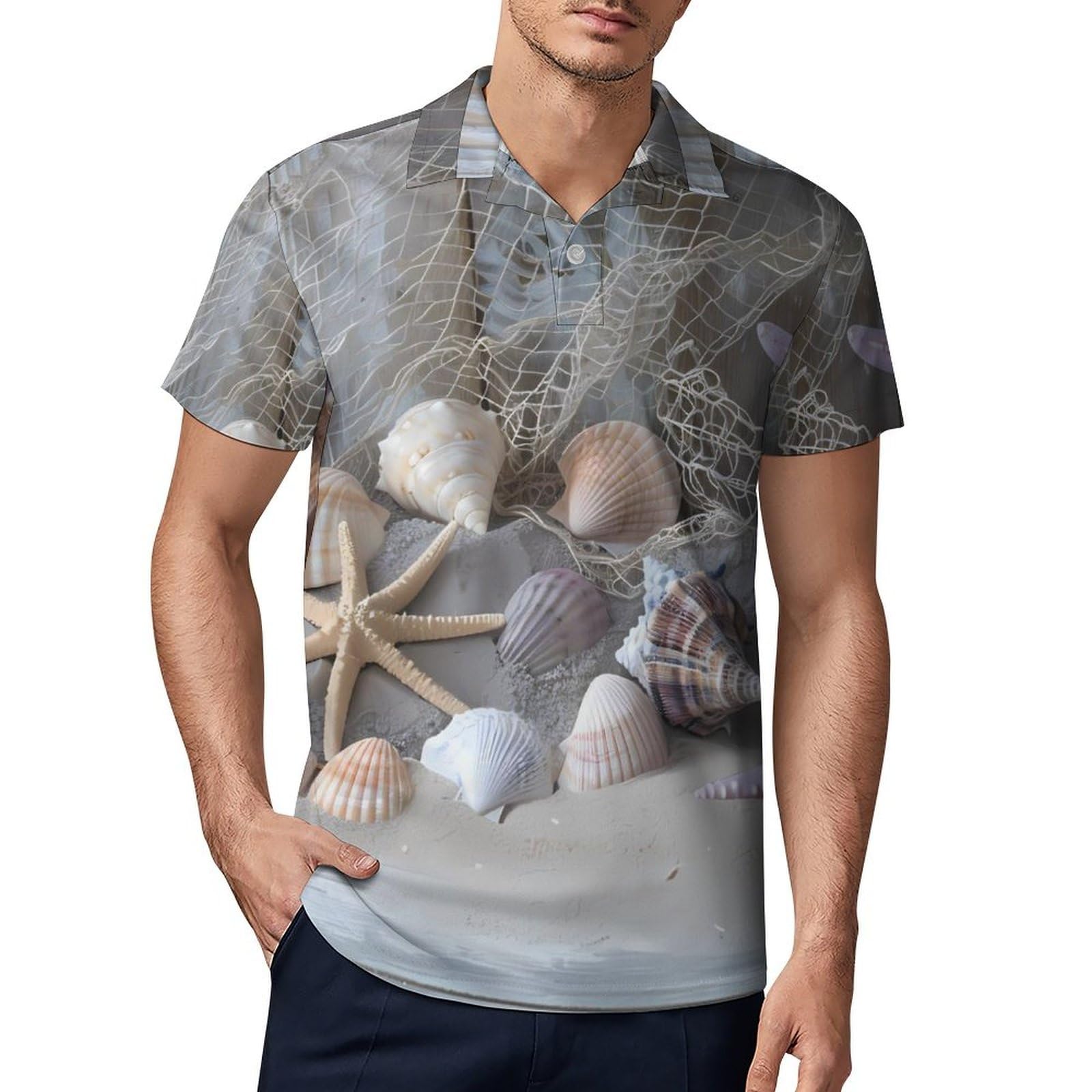 Starfish Shell on Teal Board Novelty Men's Short Sleeve Shirts Funny Golf Tennis Work T-Shirt Sport Tee L