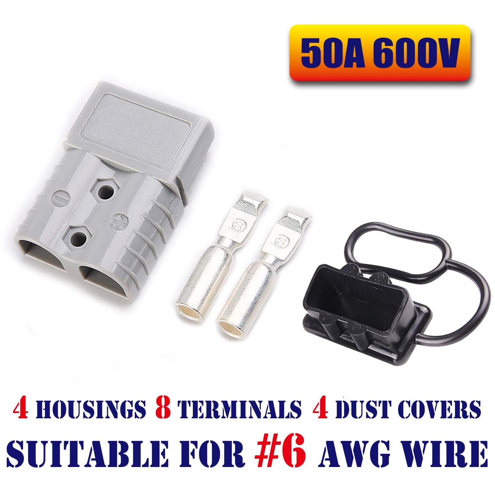 Mr.Brighton LED 50Amp Anderson Compatible 2 Pole Power Connector Plug Grey w/Terminals for #6 AWG Wire[4 housing+8 Terminal pins+4 dust Covers]